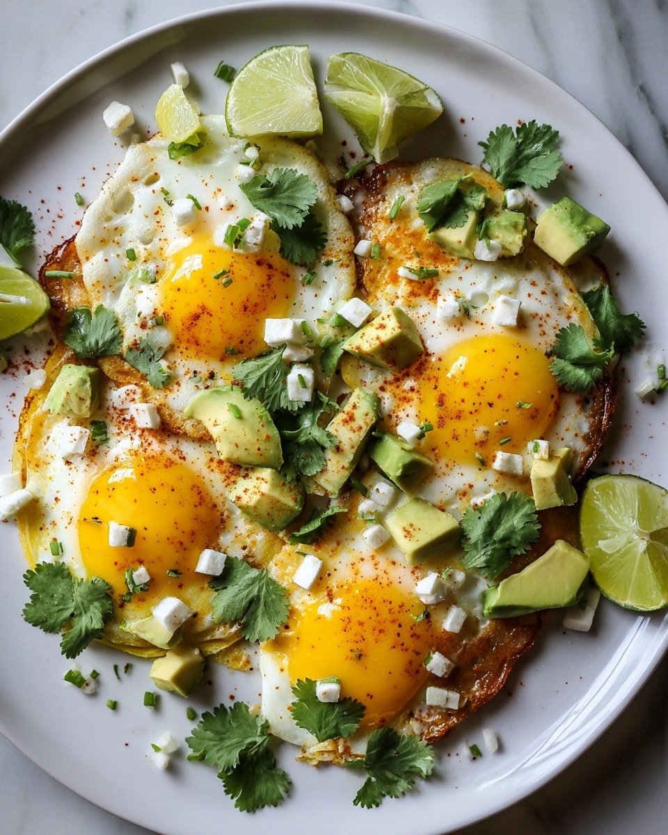 The image shows a white plate holding four sunny-side-up eggs with bright yellow yolks and white slightly crispy edges, arranged closely together. Underneath the eggs, there appears to be a brown crispy base, possibly toast or a similar layer. On top of the eggs, small diced cubes of pale white cheese and chunks of green avocado are scattered, along with fresh green cilantro leaves. There is a light dusting of reddish seasoning sprinkled across the dish. Two lime wedges rest on the side of the plate, and additional cilantro leaves are spread around the edges for garnish. The plate is set on a white marbled surface. Photo taken with an iphone --ar 4:5 --v 7
