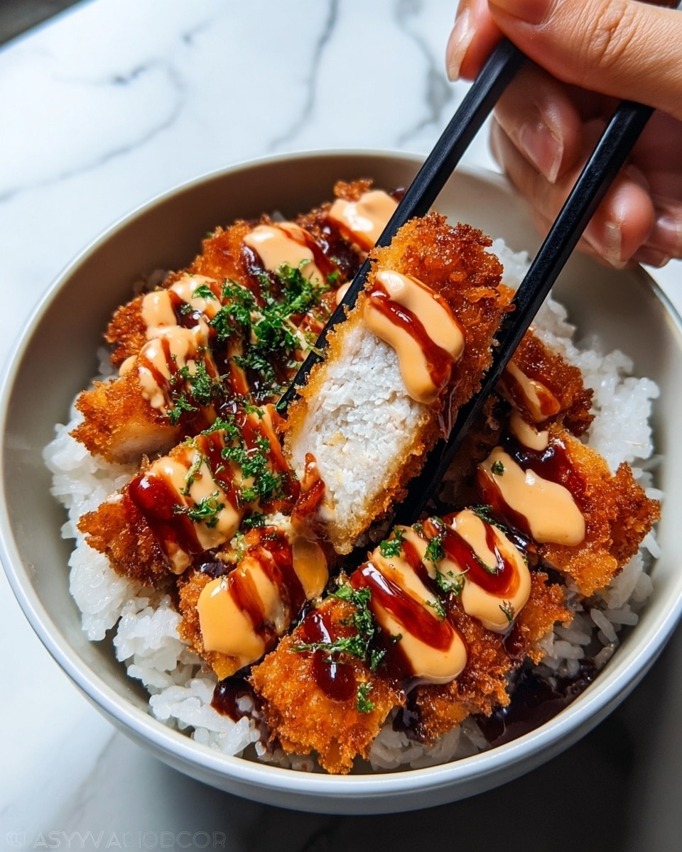 A bowl with a base layer of white sticky rice, topped with crispy golden-brown fried chicken cut into pieces. The chicken is covered with two sauces: a light orange creamy sauce and a dark brown glossy sauce drizzled in lines. Fresh green herbs are sprinkled over the sauces for color. A pair of black chopsticks held by a woman's hand is picking up a piece of chicken, showing its white, tender inside and crunchy outside. The bowl is white, placed on a white marbled surface. Photo taken with an iphone --ar 4:5 --v 7