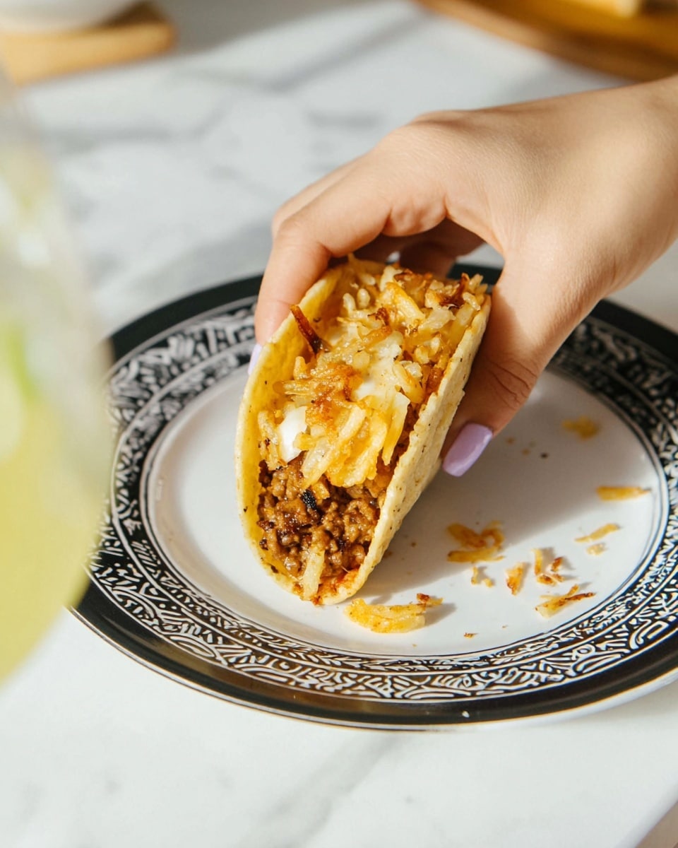 A close-up of a small taco held by a woman's hand, resting on a white plate with black patterns around the edge, placed on a white marbled surface. The taco has three visible layers: the bottom layer is a soft, light brown tortilla; the middle layer is cooked ground beef with a slightly chunky texture; the top layer is crispy, golden-brown hash browns mixed with bits of melted cheese. Some small crumbs and bits of food are scattered on the plate around the taco, and a glass with a light yellow drink is partially visible on the left side. photo taken with an iphone --ar 4:5 --v 7