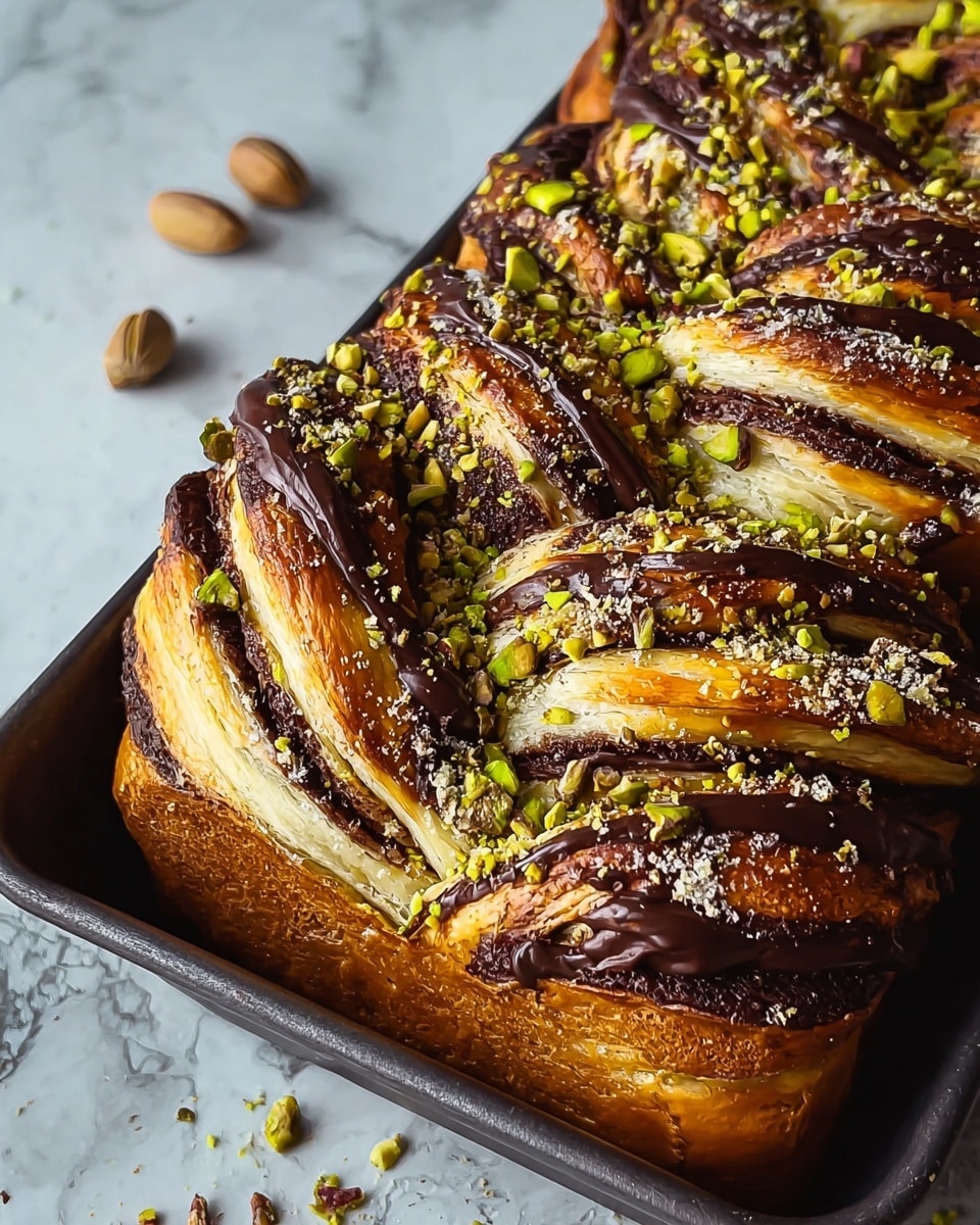 A loaf of babka sliced to show its inside layers, placed on a wooden board with crumbs and pistachio bits around. The babka has many twisted layers of soft, golden brown dough and dark chocolate filling, speckled with green pistachios inside and drizzled with melted chocolate on top. Behind the babka, there is a white cup with coffee on a white marbled surface. A knife with a dark wooden handle lies next to the loaf. Photo taken with an iphone --ar 4:5 --v 7