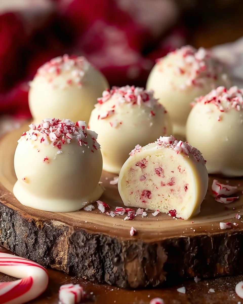 A group of seven white chocolate-covered round truffles sit on a rustic, rough-edged wooden slab. Each truffle is smooth and glossy with crushed red and white peppermint pieces sprinkled generously on top. One truffle in the front is cut in half, showing a creamy white inside mixed with small bits of red peppermint candy. The warm background is blurred with a soft red pattern, and a few more crushed peppermint pieces are scattered around the slab. photo taken with an iphone --ar 4:5 --v 7