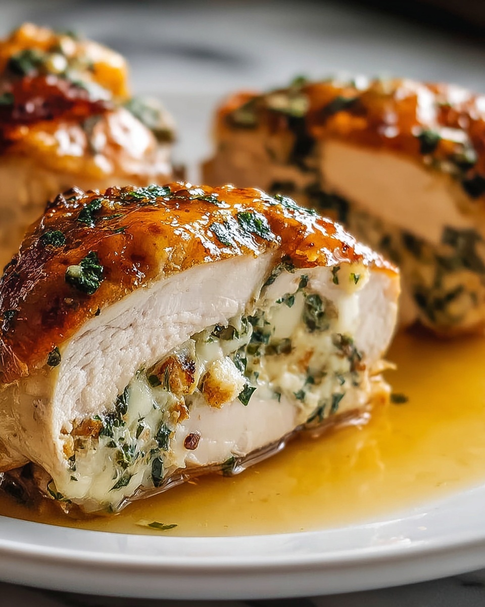A close-up view of a sliced stuffed chicken breast showing three layers: the outer golden-brown crispy skin with small green herb pieces, the white cooked chicken meat beneath it, and the creamy filling inside which is white with green herb bits and small browned spots from cooking. The chicken sits on a white plate with a small pool of golden sauce underneath. Other stuffed chicken pieces are blurred in the background on the same plate, all placed on a white marbled surface. photo taken with an iphone --ar 4:5 --v 7