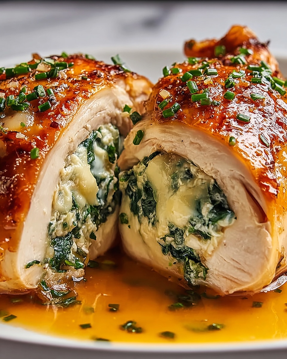 A close-up of a cooked chicken breast stuffed with a creamy cheese and spinach filling, showing two layers: the outer layer is golden-brown and crispy chicken skin with small chopped green herbs on top, and inside is a creamy white cheese mix with wilted dark green spinach pieces. The chicken breast is cut in half, revealing the smooth and moist texture of the cooked chicken surrounding the creamy filling. The dish sits on a small pool of orange-colored sauce on a white plate, all placed on a white marbled surface. photo taken with an iphone --ar 4:5 --v 7