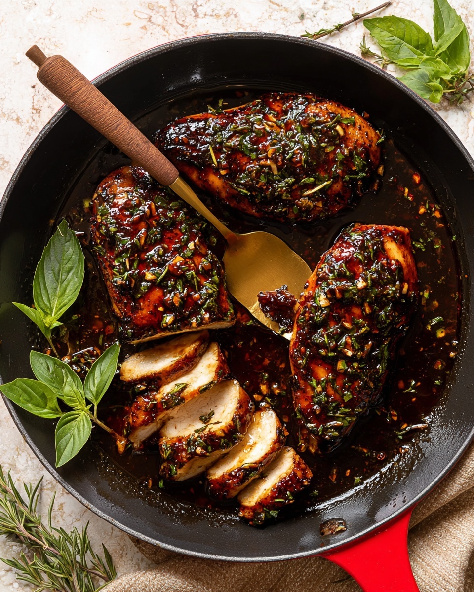 A round black pan with a red handle holds three large pieces of cooked chicken breast, glazed with a glossy dark brown sauce speckled with green herbs and small garlic bits. One chicken piece is sliced into four thick pieces, showing a juicy, light golden interior with a slight charred edge. A metal fork with a wooden handle and a golden spoon rest inside the pan. Around the pan, fresh green basil leaves sit on a white marbled textured surface along with a beige cloth. The sauce is shiny and oily, pooling around the chicken, adding a rich texture. Photo taken with an iphone --ar 4:5 --v 7