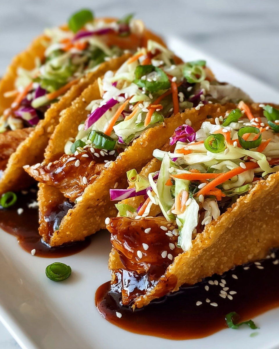 Three crispy golden-brown taco shells are placed side by side on a white plate over a white marbled texture. Each taco is filled with a base layer of tender, glazed chicken pieces in a dark, sticky sauce. On top of the chicken is a colorful slaw made of shredded white cabbage, thin carrot strips, and purple cabbage, adding freshness and crunch. The tacos are garnished with small green herbs and sliced green onions, and sprinkled with white sesame seeds. A glossy, thick dark sauce is drizzled over the tacos and spills onto the plate, creating a rich, inviting look. photo taken with an iphone --ar 4:5 --v 7