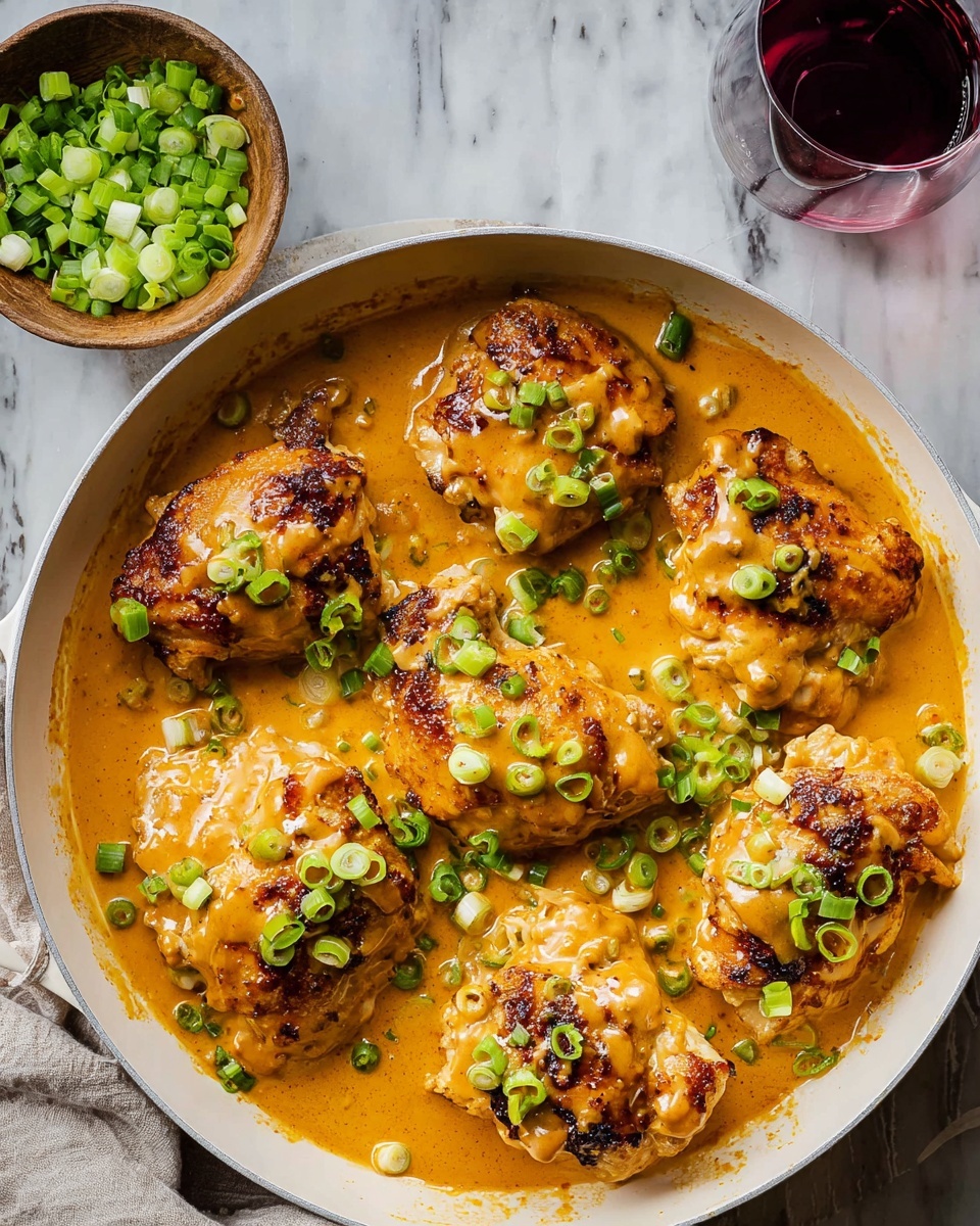 A white pan filled with eight pieces of cooked chicken, each covered with a thick, shiny orange sauce that looks creamy and slightly oily. The chicken pieces have a golden brown, slightly charred texture underneath the sauce, creating a contrast of smooth and crispy surfaces. Scattered over the top are small, bright green chopped spring onions adding a fresh pop of color. The pan is on a white marbled surface, next to a small bowl filled with more chopped spring onions and a glass partially visible with a dark red drink inside. photo taken with an iphone --ar 4:5 --v 7