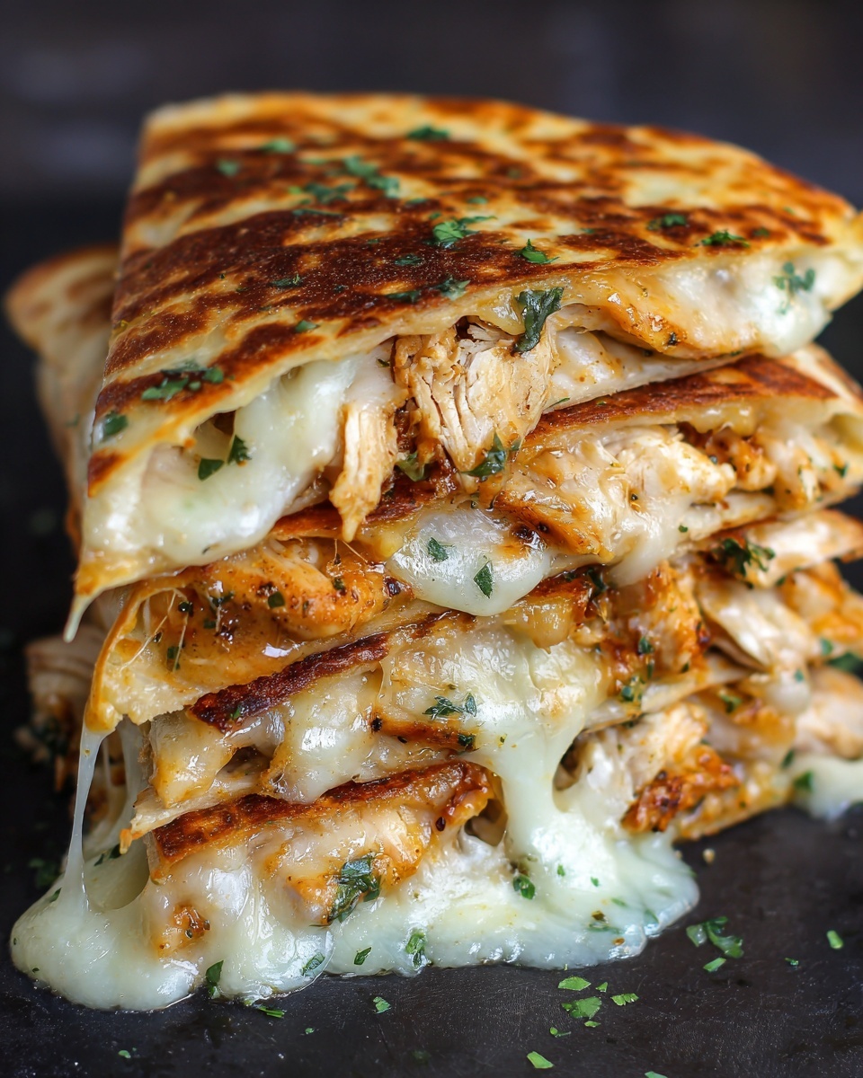 The image shows a close-up of three stacked quesadilla slices, each folded and browned with a crispy golden texture on the outside. Inside, there are layers of melted white cheese stretching out and mixed with cooked, tender chicken pieces that have a light brown grilled look. Small bits of green herbs are sprinkled on top and inside for color. The quesadillas rest on a dark surface with some melted cheese oozing out around the edges. Photo taken with an iphone --ar 4:5 --v 7