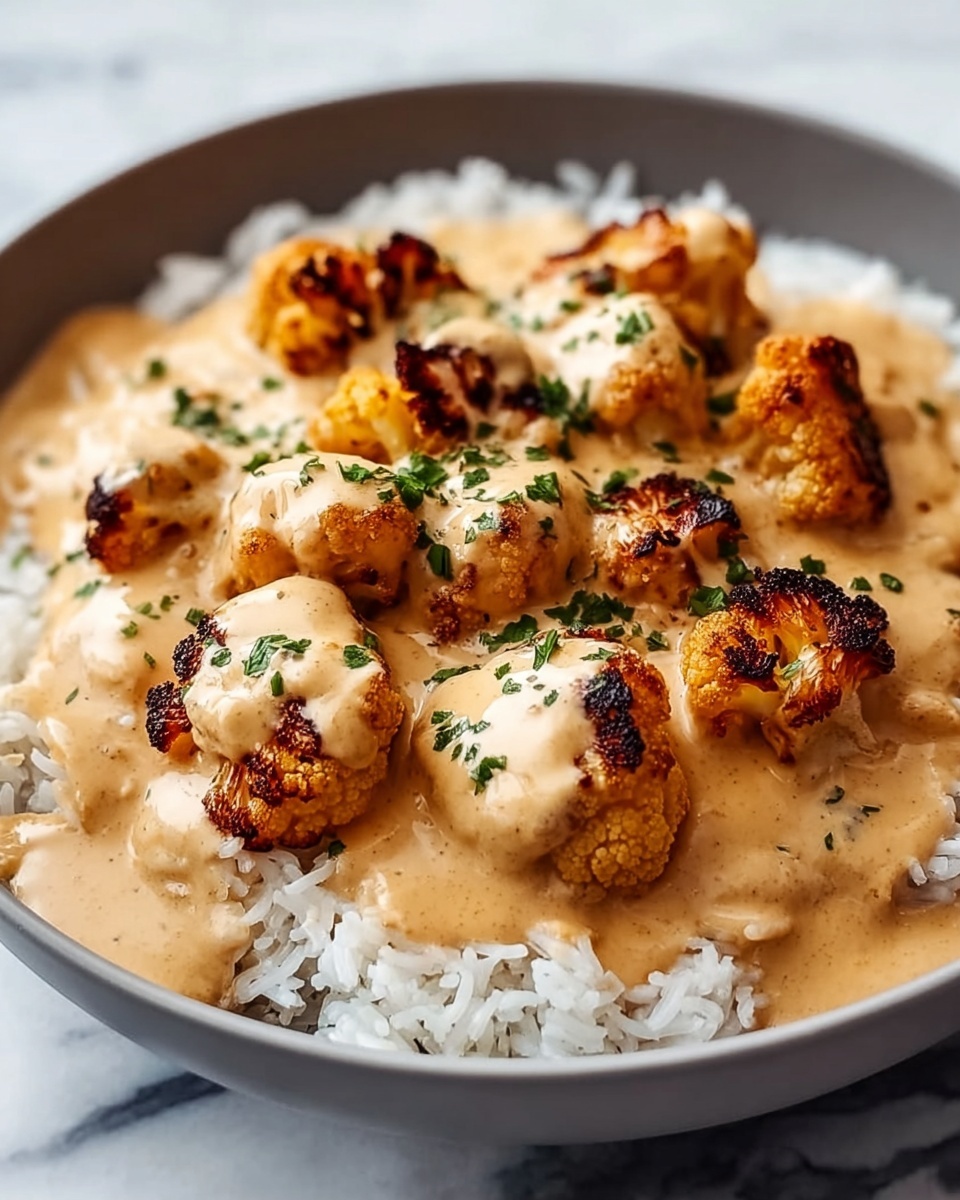 A round white bowl filled with a base layer of fluffy white rice that has a soft and slightly grainy texture. On top of the rice, there is a layer of golden-brown, charred cauliflower pieces that have a rough texture with dark grill marks. These cauliflower pieces are covered in a smooth, creamy light tan sauce that looks thick and slightly glossy, garnished with small green herb bits scattered across the sauce. The bowl is placed on a white marbled surface. photo taken with an iphone --ar 4:5 --v 7