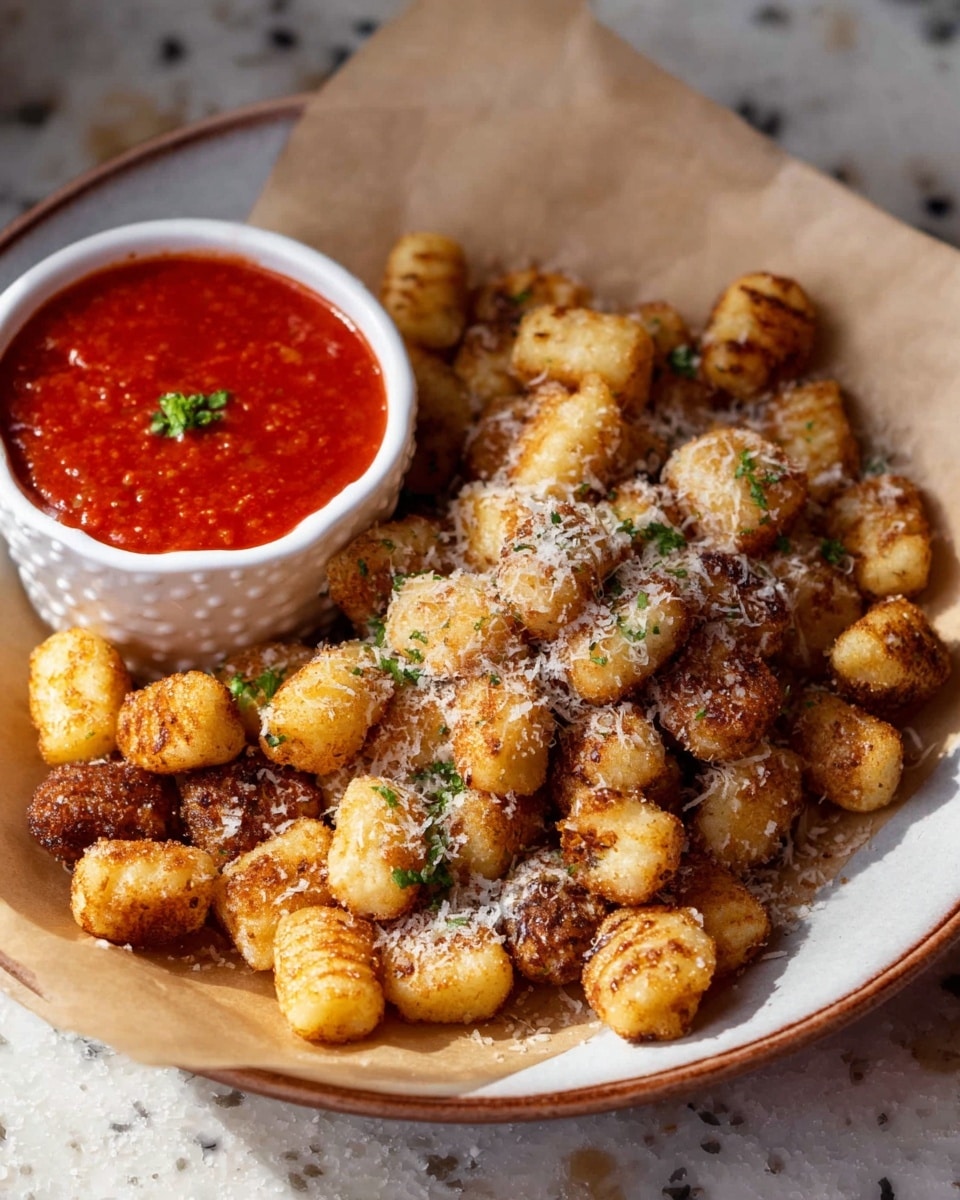 A round white plate holds a pile of crispy, golden brown gnocchi scattered with green herbs and a light dusting of white grated cheese. On the side, there is a small white bowl filled with thick, bright red marinara sauce with a few small green herb pieces on top. The gnocchi vary in shades of light to dark brown showing a crunchy texture. The plate is set on a white marbled textured surface, with a piece of brown paper underneath the gnocchi. Photo taken with an iphone --ar 4:5 --v 7