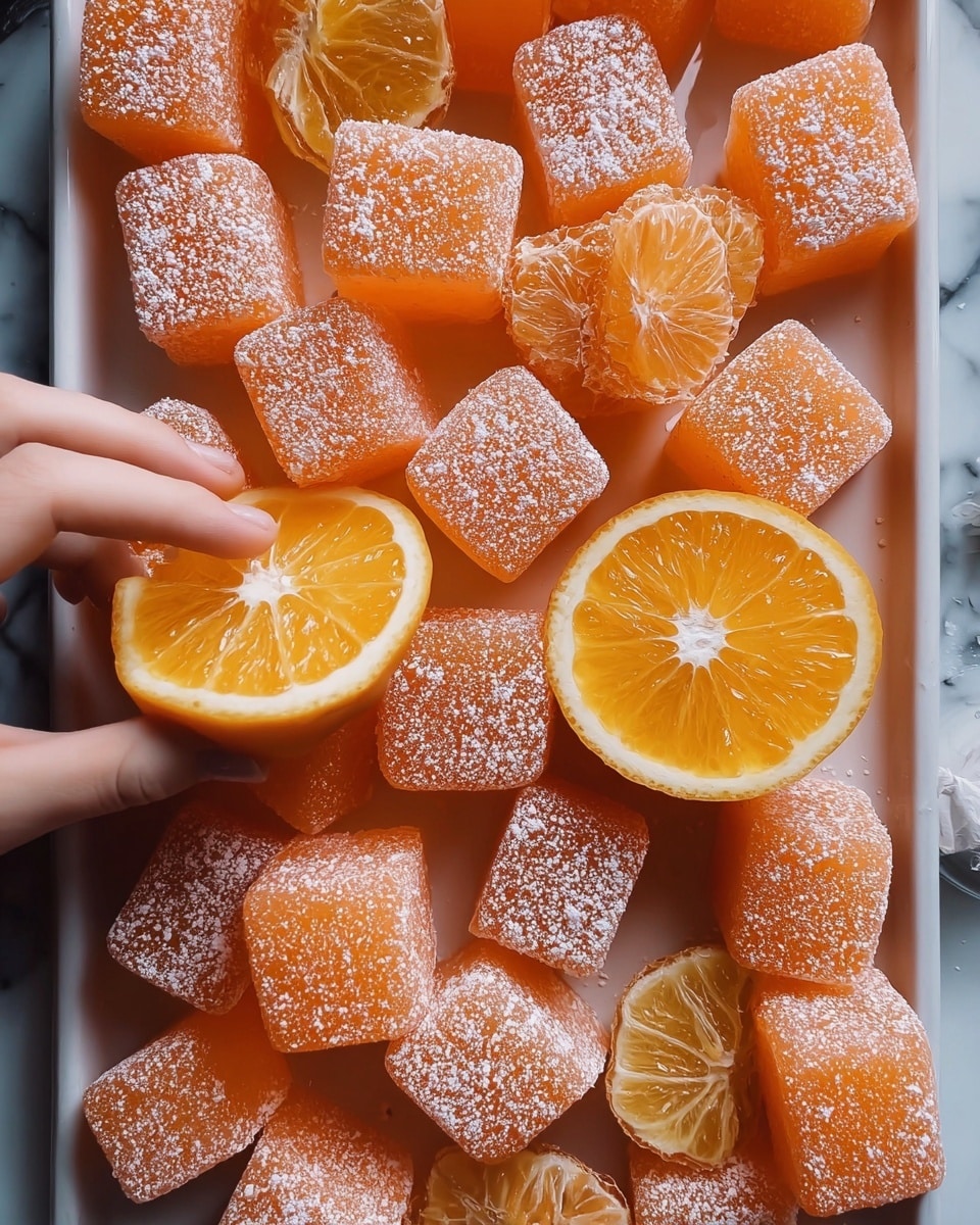 The image shows square-shaped orange jelly candies coated with a light dusting of white powder arranged closely together on a white tray. Among the candies, there are several halves of bright orange citrus fruits, adding a fresh contrast with their juicy, segmented interiors. A woman's hand is holding one of the citrus halves in the lower left corner, reaching toward the tray. The background is a white marbled texture, which brightens the scene and highlights the vibrant orange colors. Photo taken with an iphone --ar 4:5 --v 7