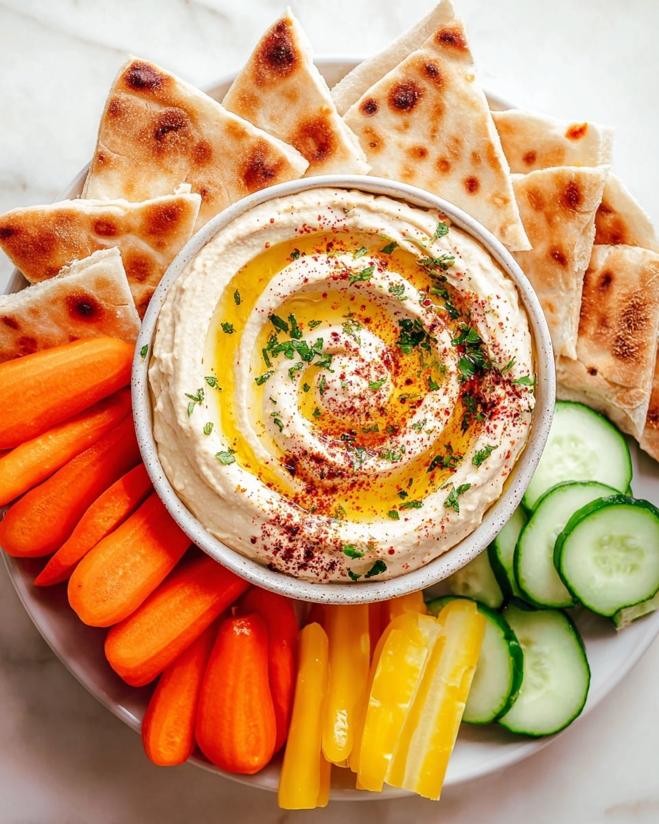 A white plate with a round bowl in the center filled with creamy off-white hummus topped with a swirl of golden olive oil, sprinkled with red spices and green herbs. Surrounding the bowl are triangular pieces of toasted pita bread with golden brown spots on the top left, round slices of bright orange carrots at the bottom left, yellow carrot sticks at the bottom right, and fresh green cucumber slices on the right. The whole plate is set on a white marbled surface. photo taken with an iphone --ar 4:5 --v 7