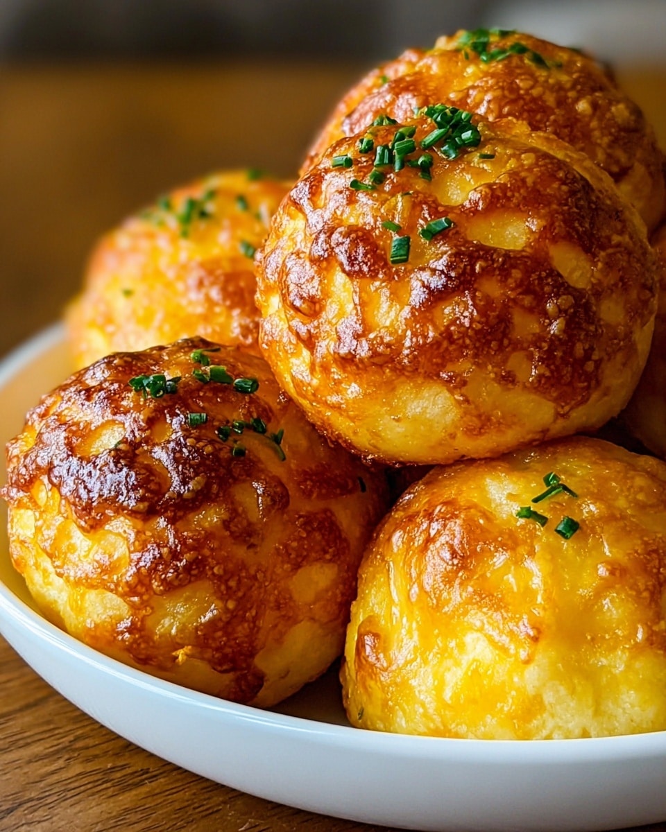 A close-up of a white bowl filled with round, golden brown baked cheese bread balls, stacked closely together. Each ball has a crispy, bubbly cheese crust with a shiny, slightly oily surface showing varied shades of golden yellow and deep brown. Small green herb pieces are sprinkled on top of several balls, adding a fresh color contrast. The bowl rests on a wooden surface with a slight blur in the background, emphasizing the texture and color of the bread balls. photo taken with an iphone --ar 4:5 --v 7
