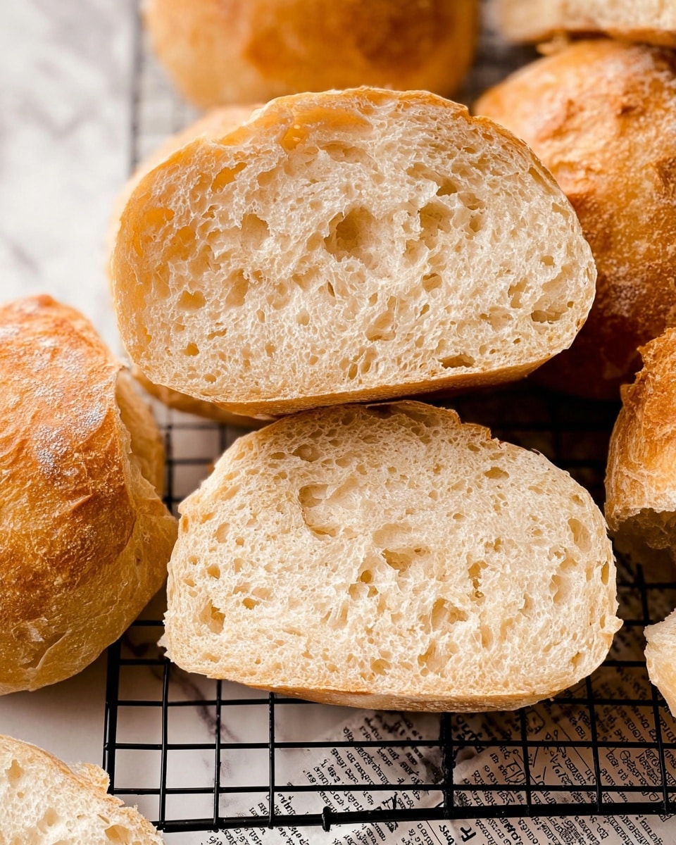 The image shows a close-up of several freshly baked bread rolls, cut in half to reveal their soft, airy inside with an open crumb structure. The bread's crust is golden brown and slightly crispy, covering the light beige interior that has many small holes and a chewy texture. The cut bread halves are placed on a black cooling rack, which sits on a white marbled surface with pieces of newspaper underneath. The overall look highlights the light and fluffy texture of the bread with a rustic, homemade feel. photo taken with an iphone --ar 4:5 --v 7
