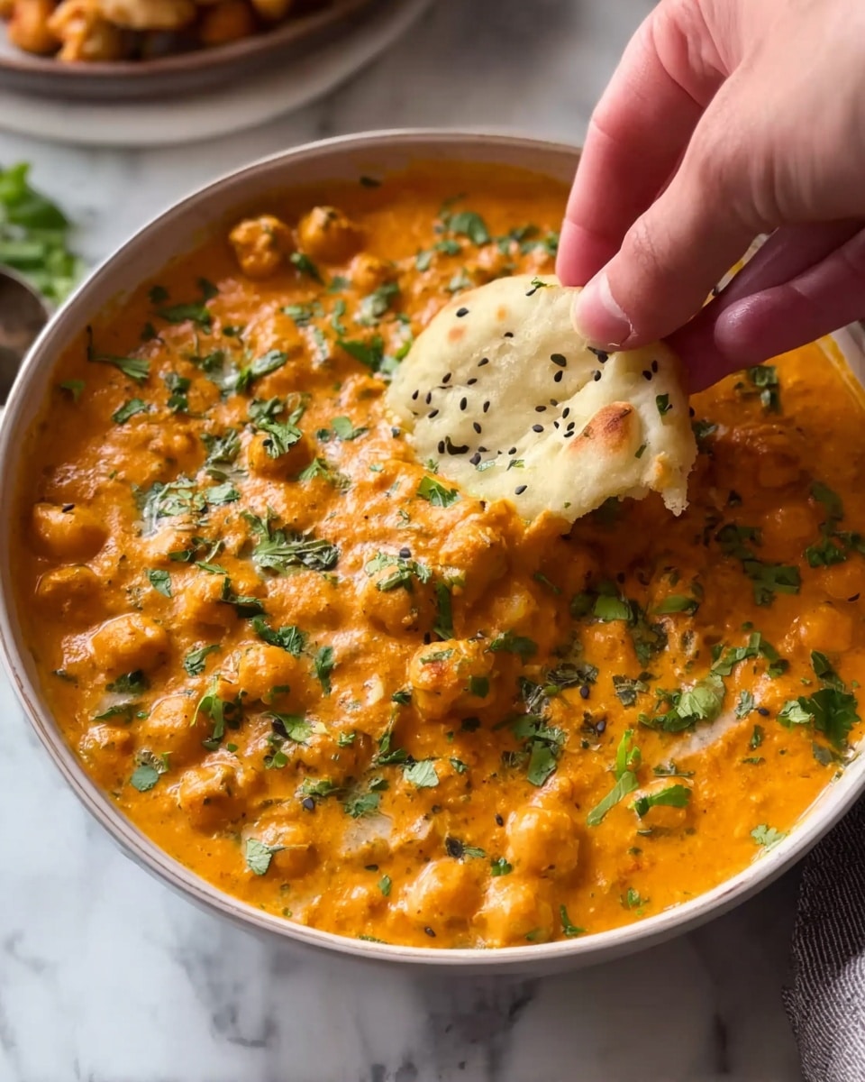 A close-up view of thick orange curry filled with chickpeas, garnished with fresh chopped green cilantro, inside a round white bowl. The texture of the curry is creamy and slightly chunky with visible whole chickpeas spread throughout. A woman's hand is dipping a piece of light beige naan bread with small black seeds into the curry. The background shows a white marbled surface with hints of other items blurred out. Photo taken with an iphone --ar 4:5 --v 7