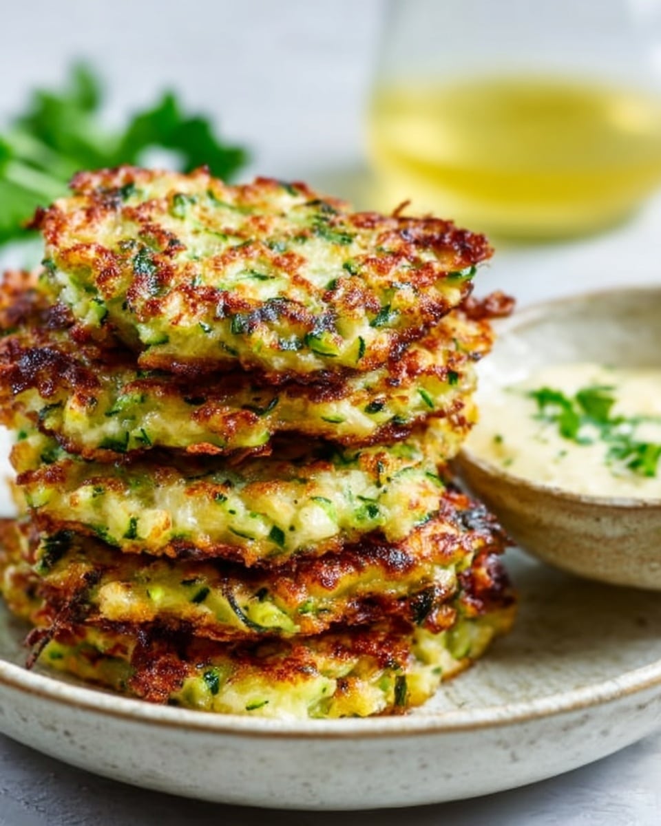 A white bowl holds a stack of five golden brown zucchini fritters, each showing a crispy, uneven surface with green bits of grated zucchini inside. The fritters are slightly thick and layered closely on top of each other. In the background, there is a blurred glass with a yellow drink and some fresh green herbs placed on a clean, white marbled surface. Photo taken with an iphone --ar 4:5 --v 7