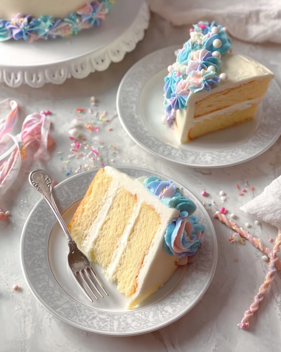 The image shows a two-layer white cake with smooth white frosting, decorated with blue and pink piped swirls and small pearl-like accents on the edges and top. Two slices are served on white plates with a delicate gray pattern around the rims, each slice showing the light yellow cake layers separated by white cream filling. Each slice has blue and pink frosting details on the edge of the top and a silver fork beside it. The cake sits on a white scalloped cake stand, placed on a soft white marbled textured surface with scattered small colorful candy bits and twisted candles nearby. Photo taken with an iphone --ar 4:5 --v 7