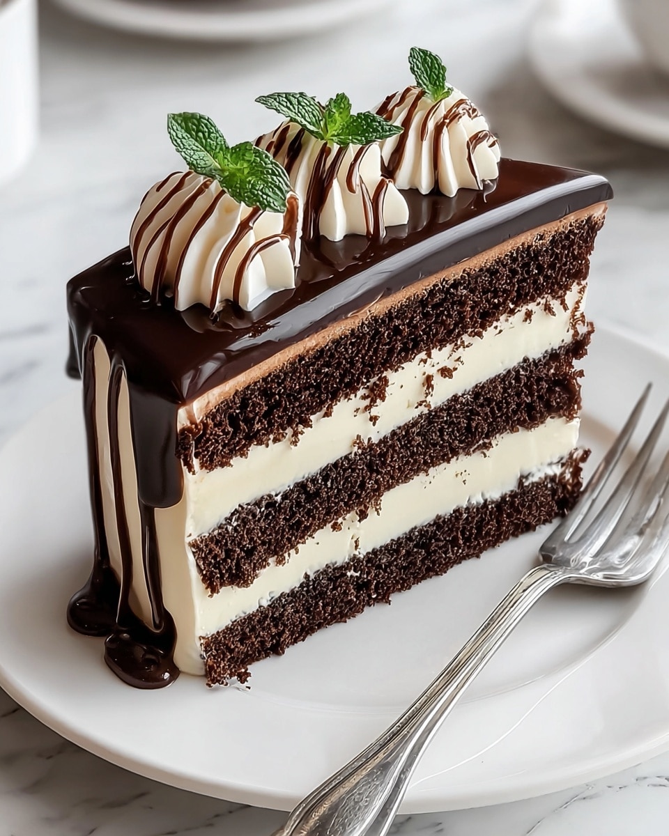 A slice of layered chocolate cake on a white plate, featuring three layers of dark chocolate sponge separated by two creamy white layers. The top is covered with a smooth, shiny dark chocolate glaze that drips down the sides. On top, there are three swirls of white cream, each topped with thin lines of dark chocolate drizzle and a small green mint leaf behind them. A fork rests on the right side of the plate, and the surface below is a white marbled texture. photo taken with an iphone --ar 4:5 --v 7