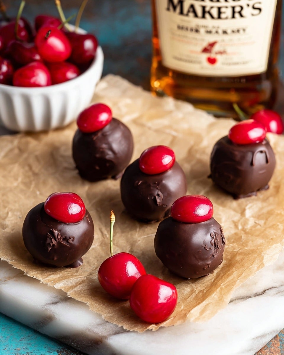 Seven chocolate-covered cherry balls sit on light brown parchment paper, arranged loosely on a white marbled surface. Each ball is dark brown with a smooth yet slightly uneven texture, topped with a glossy, bright red cherry half. Two whole bright red cherries with stems rest beside the balls, adding a fresh contrast. In the background, a small white bowl filled with shiny whole cherries and a bottle of Maker’s Mark whiskey are slightly blurred. The scene is lit warmly, highlighting the shiny chocolate and cherries. photo taken with an iphone --ar 4:5 --v 7