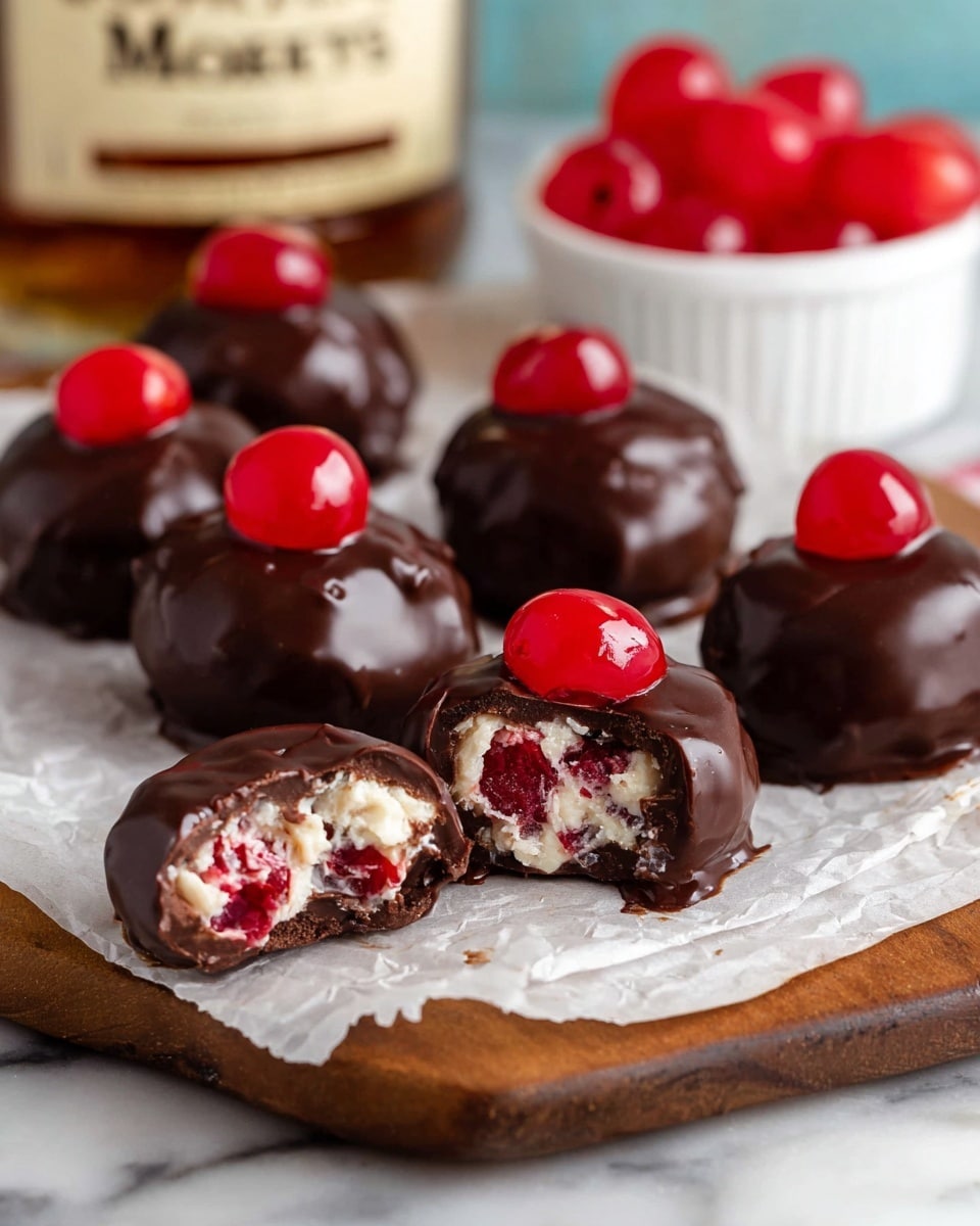 This image shows several round chocolate-covered treats on a piece of parchment paper over a wooden board. Each treat has a shiny, dark chocolate coating with a bright red cherry on top, making two clear layers: the chocolate layer on the outside and the red cherry on the top. One treat is bitten, showing a white creamy filling with bits of red inside. In the background, there is a small white bowl filled with bright red cherries and a blurred bottle. Everything sits on a white marbled surface. photo taken with an iphone --ar 4:5 --v 7