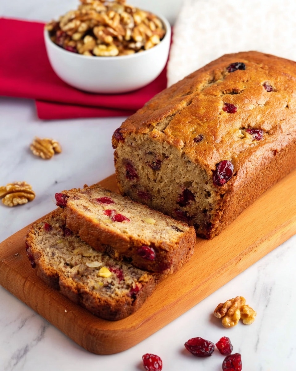 A loaf of banana bread with a golden brown, slightly cracked crust sits on a wooden board. The bread is sliced, showing a dense, moist texture inside with visible red dried cranberries and bits of walnuts scattered throughout. Around the board, a few dried cranberries are loosely placed on a white marbled surface. In the background, there is a white bowl filled with walnuts resting on a white cloth with a red napkin underneath, adding a touch of color. photo taken with an iphone --ar 4:5 --v 7