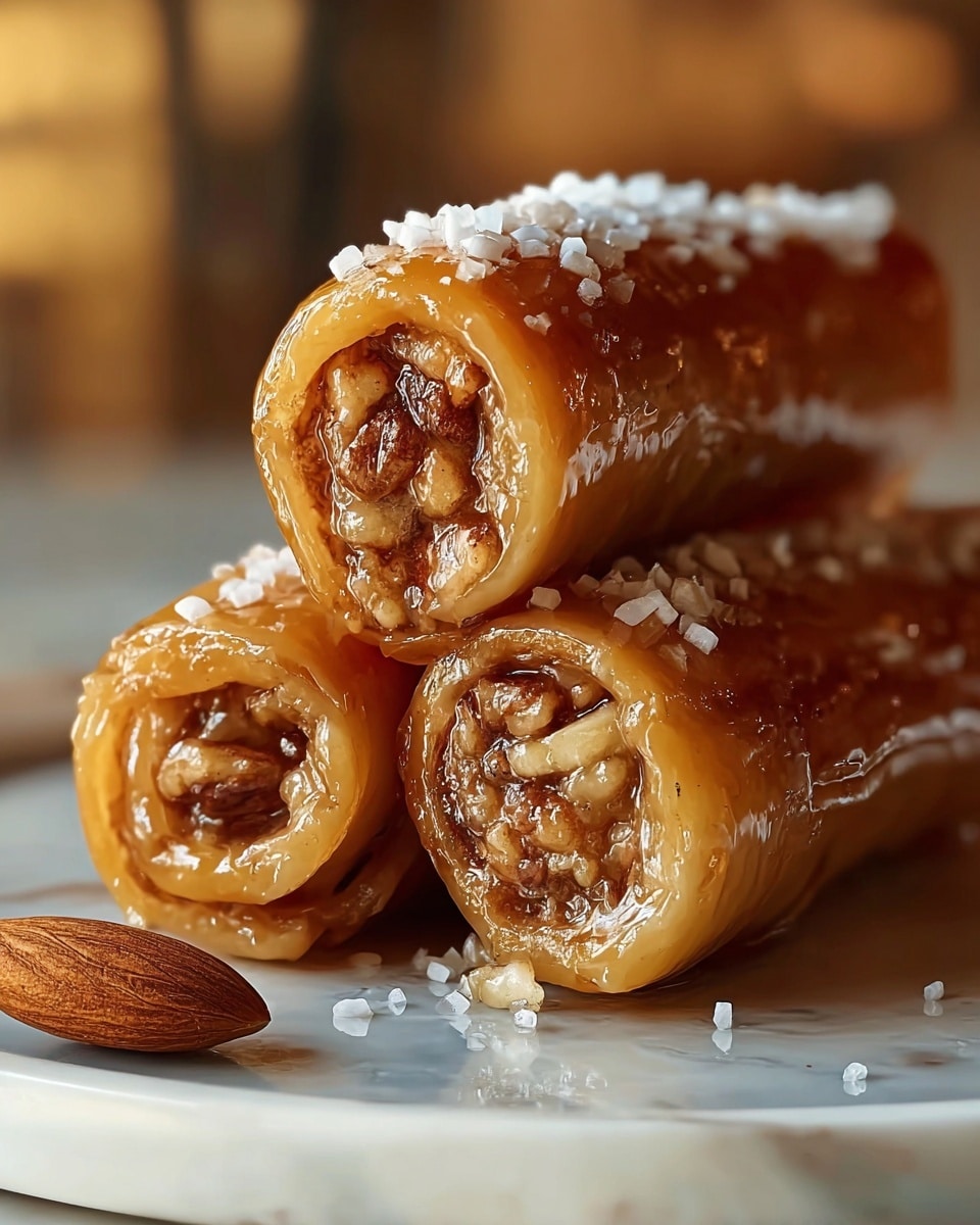 Three shiny golden-brown rolled pastries sit stacked on a white plate with a white marbled texture underneath. Each roll shows a visible filling of chopped nuts tightly packed inside, with a sticky glaze giving the outer layer a glossy look. White flakes of sea salt or sugar are sprinkled over the rolls, adding texture and contrast. An almond lies near the edge of the plate, enhancing the nutty theme. The background is softly blurred with warm tones. Photo taken with an iphone --ar 4:5 --v 7