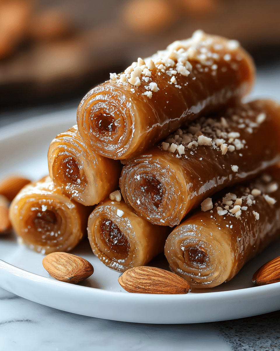 The image shows four shiny, caramel-colored rolled pastries stacked on a white plate. Each roll has a translucent, glossy outer layer with a tightly rolled inner filling that is darker brown in color. The surface of the rolls is sprinkled with small chopped nuts, adding texture and contrast. The rolls are arranged close together, with some whole almonds placed casually around the plate. The background features a soft focus with a white marbled texture underneath the plate. Photo taken with an iphone --ar 4:5 --v 7