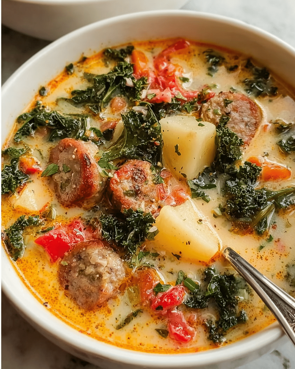 A close-up of a creamy soup in a white bowl on a white marbled surface, showing multiple layers of ingredients: light orange broth with visible oil, chunks of golden-brown sausage, bright red pieces of tomato, deep green kale leaves, soft off-white potato cubes, and small bits of carrot and herbs, with a silver spoon placed inside the bowl on the right side. The soup looks thick with a mix of textures from leafy greens to chunky vegetables and meat, making it appear hearty and rich. Photo taken with an iphone --ar 4:5 --v 7