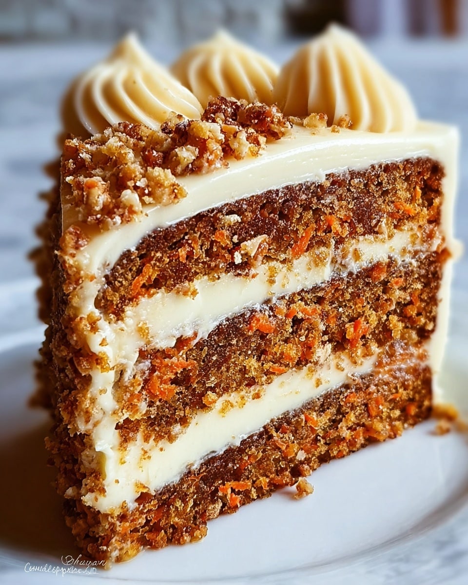 A close-up of a slice of layered carrot cake on a white plate, showing three main layers: two thick, moist, brownish-orange cake layers with fine carrot bits visible, separated by a thick, creamy off-white filling layer in the middle. On top is a smooth layer of creamy frosting, light beige in color, with a swirl of piped frosting and sprinkled small crumb pieces. The texture of the cake layers looks soft and crumbly, while the cream layers are smooth and dense. The background has a soft blur with a white marbled texture underneath the plate. photo taken with an iphone --ar 4:5 --v 7