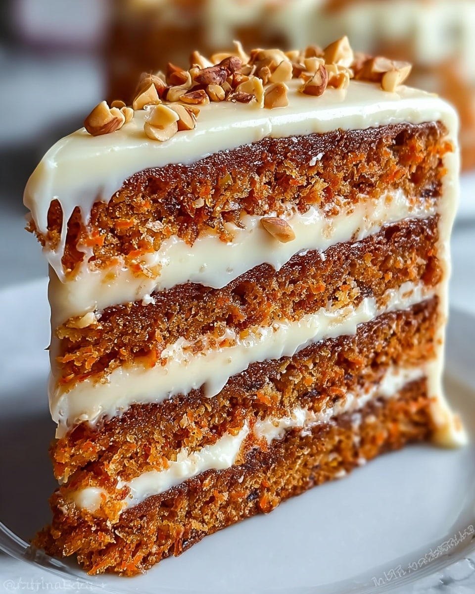A close-up of a three-layer carrot cake slice on a white plate showing rich brown cake layers with visible bits of carrot and a moist texture. Between each cake layer is a thick creamy white frosting, smooth and evenly spread. The cake is topped with more of the same white frosting, slightly dripping down the sides, and sprinkled with whole golden peanuts and small toasted nut pieces. The background is a softly blurred white marbled texture. Photo taken with an iphone --ar 4:5 --v 7