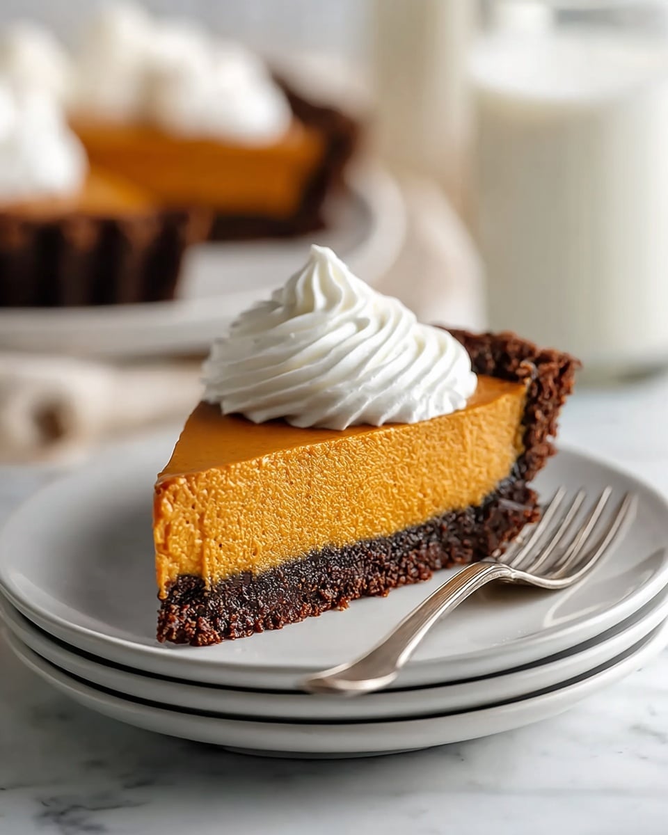 A slice of pie with two visible layers sits on a stack of white plates on a white marbled texture surface. The bottom layer is a thick, dark brown crust that looks crumbly and firm. Above it is a smooth, orange pumpkin filling that is dense and even. At the top, a swirl of white whipped cream adds a fluffy texture and bright contrast. A silver fork rests next to the pie slice. In the blurred background, another slice with whipped cream and a glass of milk can be seen. Photo taken with an iphone --ar 4:5 --v 7
