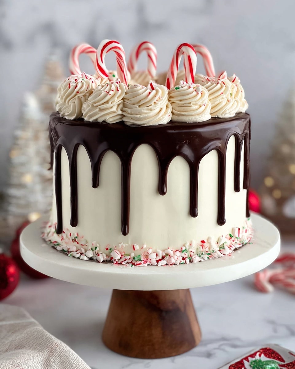 A tall round cake with smooth white frosting covering the entire surface forms the base layer. Dark chocolate ganache drips down the sides in thick, glossy streaks from the top edge. At the top, a piped cream border of soft off-white swirls circles around the edge, topped with whole red and white peppermint candies and small candy canes standing upright. The cake sits on a white cake stand with a wooden base, placed on a white marbled surface with blurred holiday decorations in the background. photo taken with an iphone --ar 4:5 --v 7
