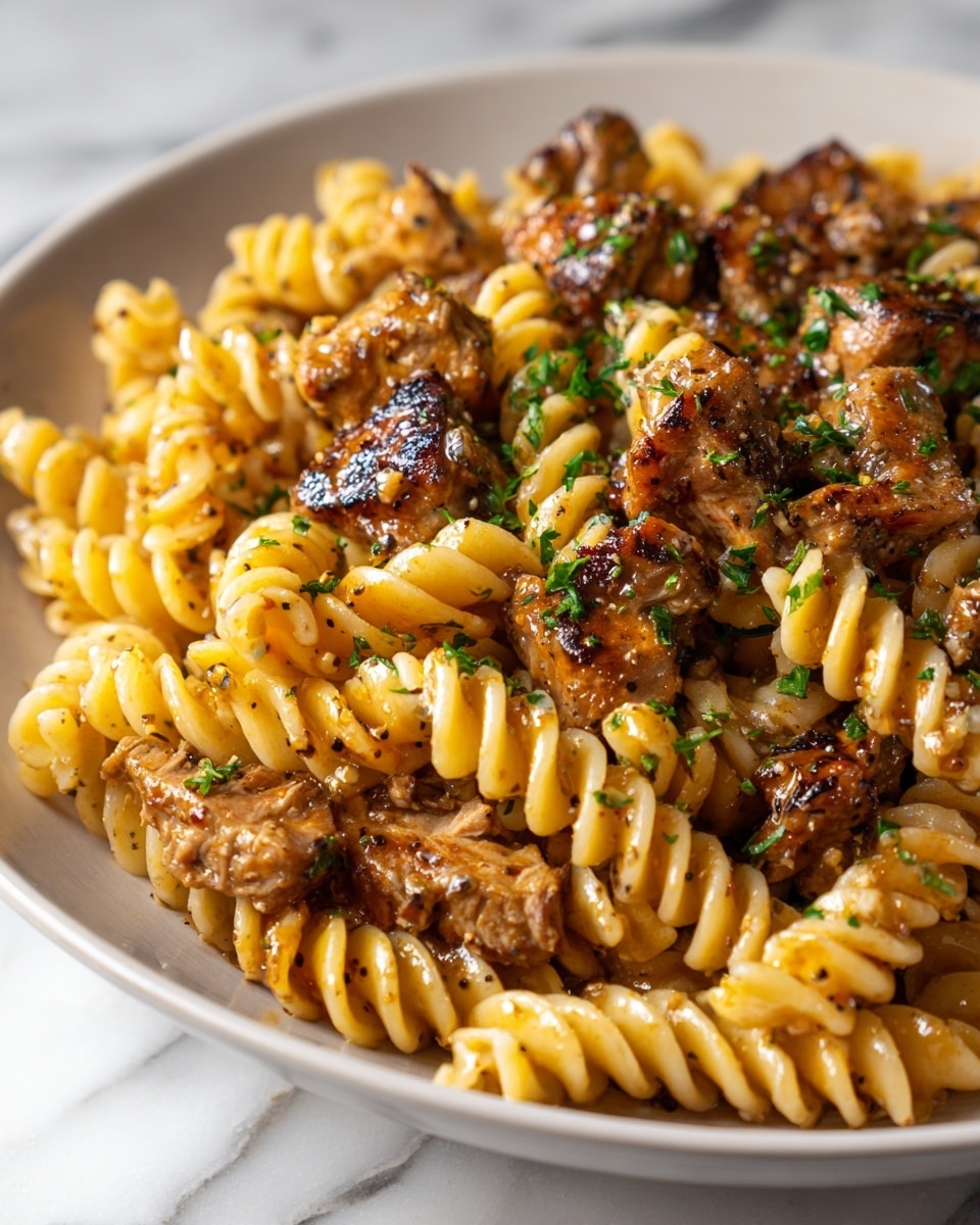 The image shows a close-up view of spiral pasta with chunks of browned meat mixed throughout. The pasta is light golden with a smooth, slightly glossy texture, layered evenly across the dish. The meat pieces are browned with a charred surface, giving a rough and juicy appearance, nestled between the pasta spirals. Scattered finely chopped green herbs add color contrast on top, while a pepper speckled brown sauce coats all ingredients, creating a rich, glossy finish. The dish sits on a surface with a white marbled texture. photo taken with an iphone --ar 4:5 --v 7