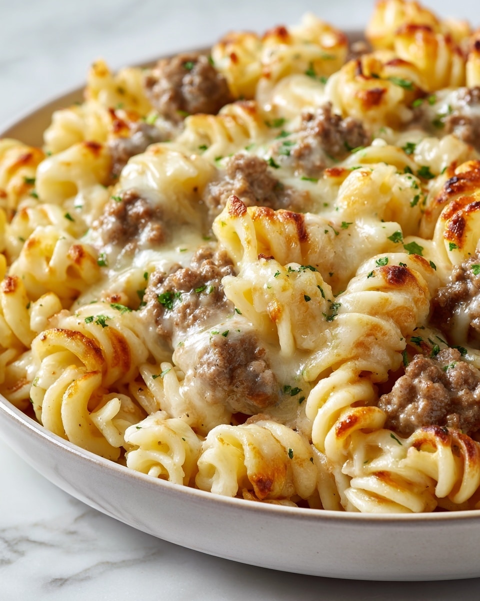 The image shows a close-up of a dish with small spiral pasta mixed tightly with browned ground beef pieces. The pasta is coated in a thick, creamy sauce that glistens, with patches of golden-brown spots from baking or frying. Small green herb pieces are sprinkled on top, adding contrast to the mostly light brown and yellow colors of the pasta and meat. The textures show a mix of soft pasta curls and slightly crispy bits of meat, all held together by the sauce. The dish is served on a white plate with a white marbled surface under it. photo taken with an iphone --ar 4:5 --v 7