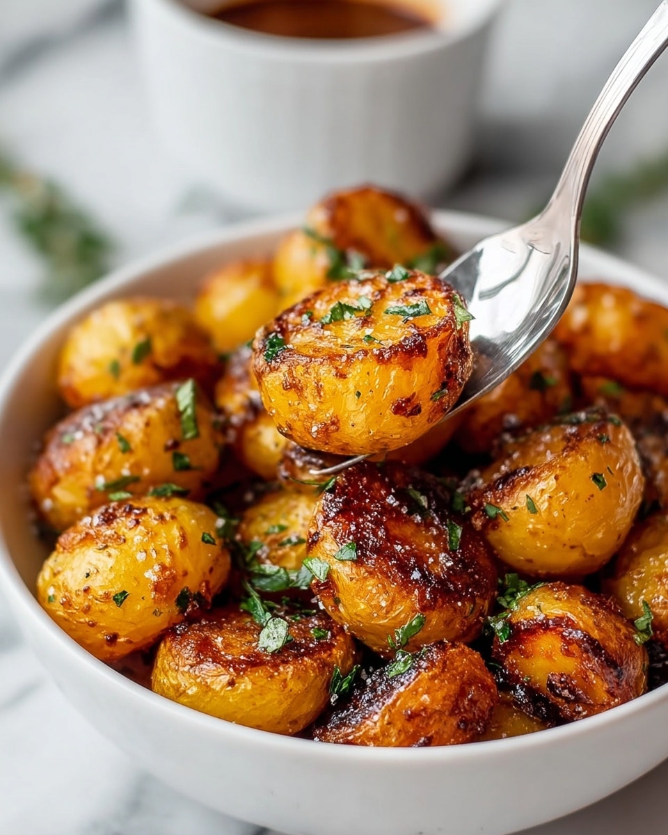 A white bowl filled with golden-brown roasted baby potatoes that have a crispy, slightly charred texture on the outside, sprinkled with fresh green herbs and coarse salt. One potato is lifted by a shiny silver spoon, showing its round shape and crispy skin. The bowl sits on a white marbled surface with a blurred white bowl of sauce in the background. photo taken with an iphone --ar 4:5 --v 7