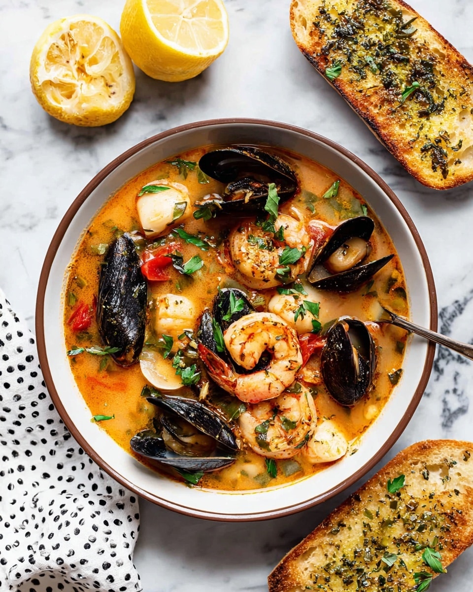 A brown rimmed white bowl filled with seafood soup sits on a white marbled texture. The soup has a clear golden broth with visible herbs and small tomato pieces, creating a colorful base layer. Scattered throughout the broth are large black mussel shells, creamy white scallops, and a pink shrimp, each layer adding texture and depth. A woman's hand dips a piece of golden toasted bread with visible herbs into the soup on the right side of the bowl, enhancing the warm and fresh feeling of the dish. Photo taken with an iphone --ar 4:5 --v 7