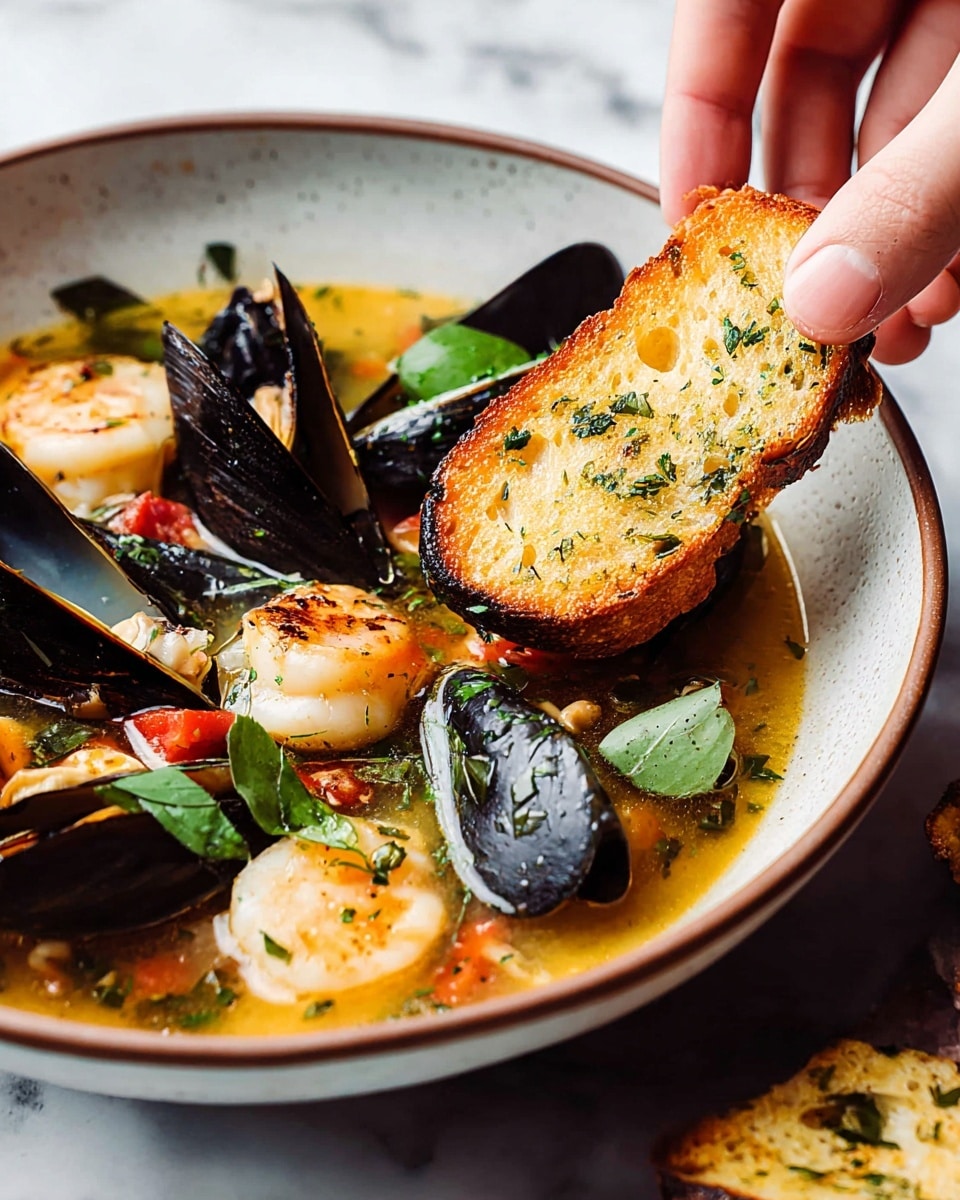 A bowl of seafood soup in a white bowl with a brown rim sitting on a white marbled surface, filled with a golden-orange broth, large shrimp that are pink with slight char marks, black mussels in their dark shells, and scallops that are ivory and smooth, all topped with chopped green herbs and small red tomato pieces scattered throughout. Next to the bowl are two halves of a lemon showing bright yellow flesh, and two slices of toasted bread with green herb seasoning, all lying on a white marbled background with a white cloth with black polka dots to the side. Photo taken with an iphone --ar 4:5 --v 7