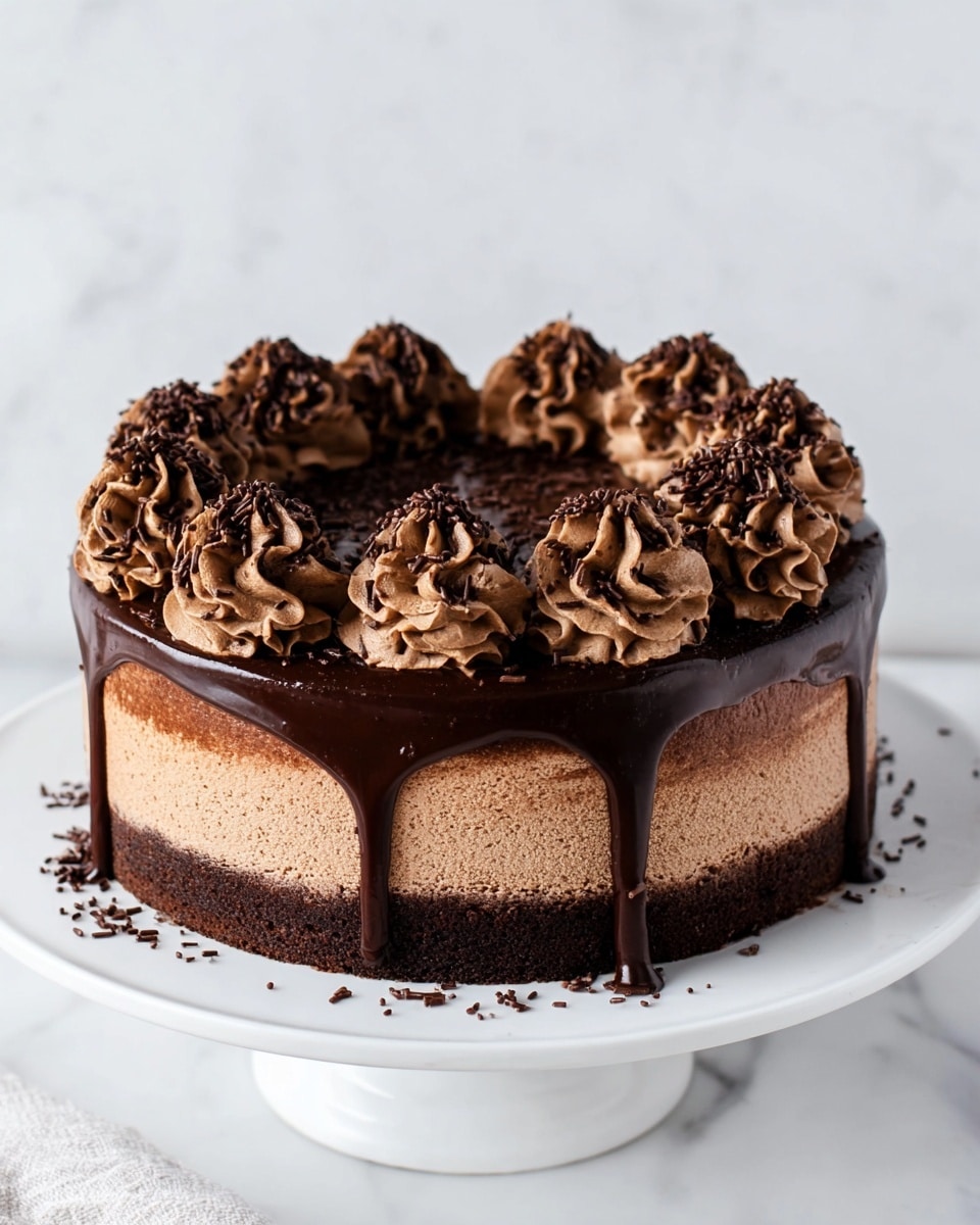 A round chocolate cake with two visible layers, the bottom layer is a darker chocolate cake, and the top layer is a lighter chocolate mousse. The top of the cake is covered with shiny dark chocolate ganache that drips slightly down the side. Around the edge are large, swirled rosettes of light chocolate frosting, each decorated with small chocolate sprinkles. More sprinkles are scattered lightly on top of the ganache. The cake sits on a white plate against a white marbled background. photo taken with an iphone --ar 4:5 --v 7