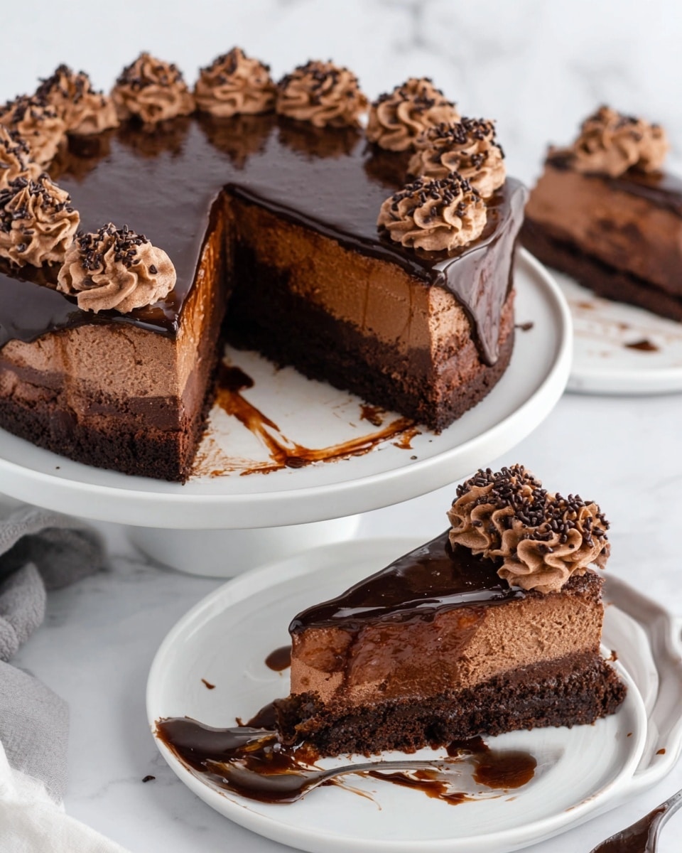 The image shows a rich chocolate cake with three distinct layers on a white plate over a white marbled surface. The bottom layer is a dark brown, crumbly crust. The middle layer is a thick, creamy chocolate mousse with a smooth texture. The top layer is a shiny, dark chocolate glaze that drips slightly over the edges. The cake is decorated with piped swirls of light brown chocolate frosting arranged around the edge, each topped with small chocolate sprinkles. A slice of the cake is cut out and placed on the same white plate beside the main cake, showing the layers clearly. Another single slice sits on a smaller white plate in the foreground, topped with the same piped frosting and sprinkles. Some chocolate sauce is smeared on the large plate, and a spoon with dark chocolate sauce rests nearby. Photo taken with an iphone --ar 4:5 --v 7