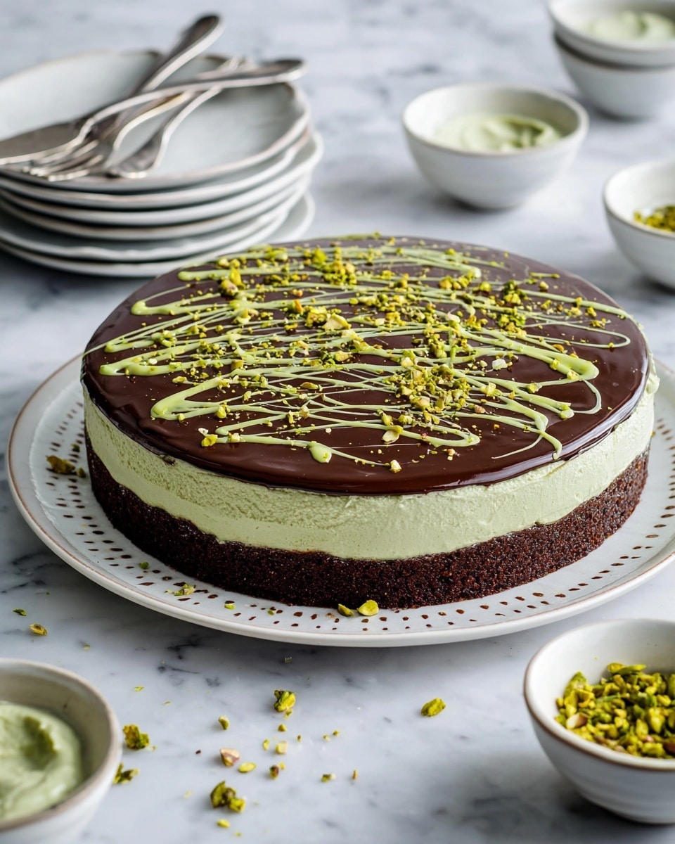 The image shows a round chocolate cake on a white plate with a scalloped edge, set on a white marbled surface. The cake has three clear layers: a dark, moist chocolate base at the bottom, a thick middle layer of pale green pistachio cream with a shredded texture, and a smooth, glossy chocolate ganache on top. The ganache is decorated with thin, light green swirls and scattered chopped pistachios, adding a fresh touch of color. A slice has been removed, revealing the layers inside, and some chopped pistachios are scattered around the plate and surface. In the background, a white bowl filled with more pistachios and a white plate with another slice of the same cake are visible. photo taken with an iphone --ar 4:5 --v 7