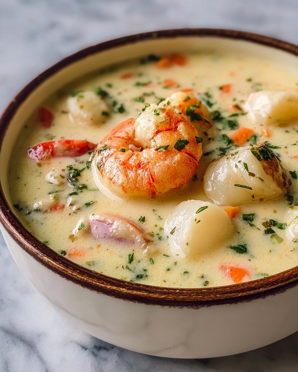 A dark bowl filled with creamy soup, light yellow in color with a smooth texture, holding several pieces of seafood, mainly shrimp and scallops. The shrimp are orange and white, large and curled, sitting on top and around the soup. Small orange carrot cubes and chopped green herbs float in the soup, adding color and texture. The bowl rests on a white marbled surface. photo taken with an iphone --ar 4:5 --v 7