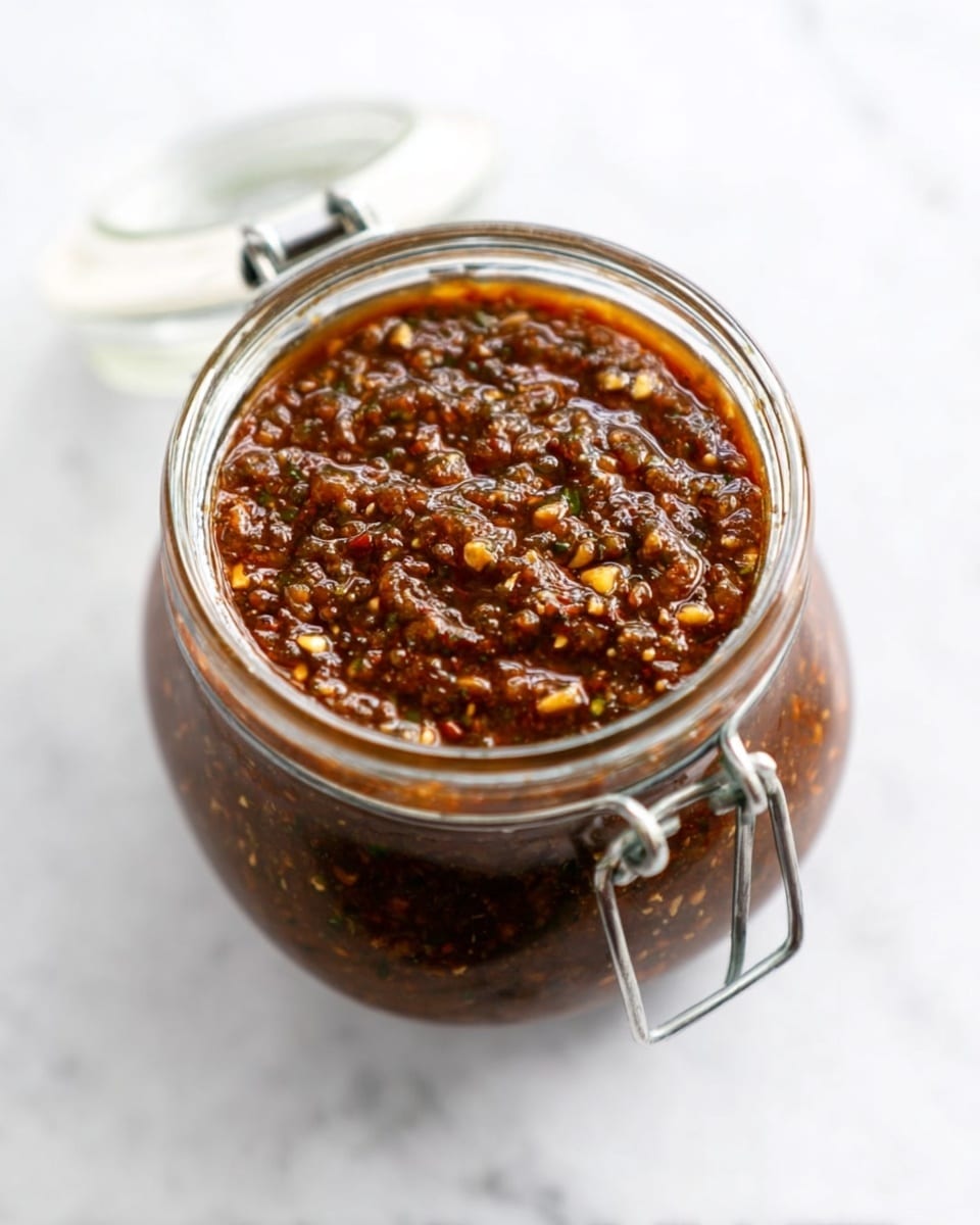 A clear glass jar with a metal clasp lid is open, showing a thick, chunky sauce inside. The sauce is dark reddish-brown with bits of green herbs and small textured pieces throughout, giving it a rich, hearty look. The jar rests on a surface with a white marbled texture, bright and clean, with the orange rubber seal of the lid visible. Photo taken with an iphone --ar 4:5 --v 7