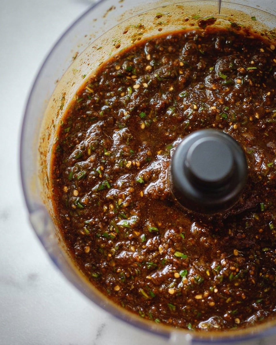 A close-up view of a food processor bowl filled with a thick, chunky sauce or paste that is dark brown with small bits of green herbs and seeds mixed in. The texture looks slightly coarse, with a moist appearance and oily sheen. The background is a white marbled texture. Photo taken with an iphone --ar 4:5 --v 7