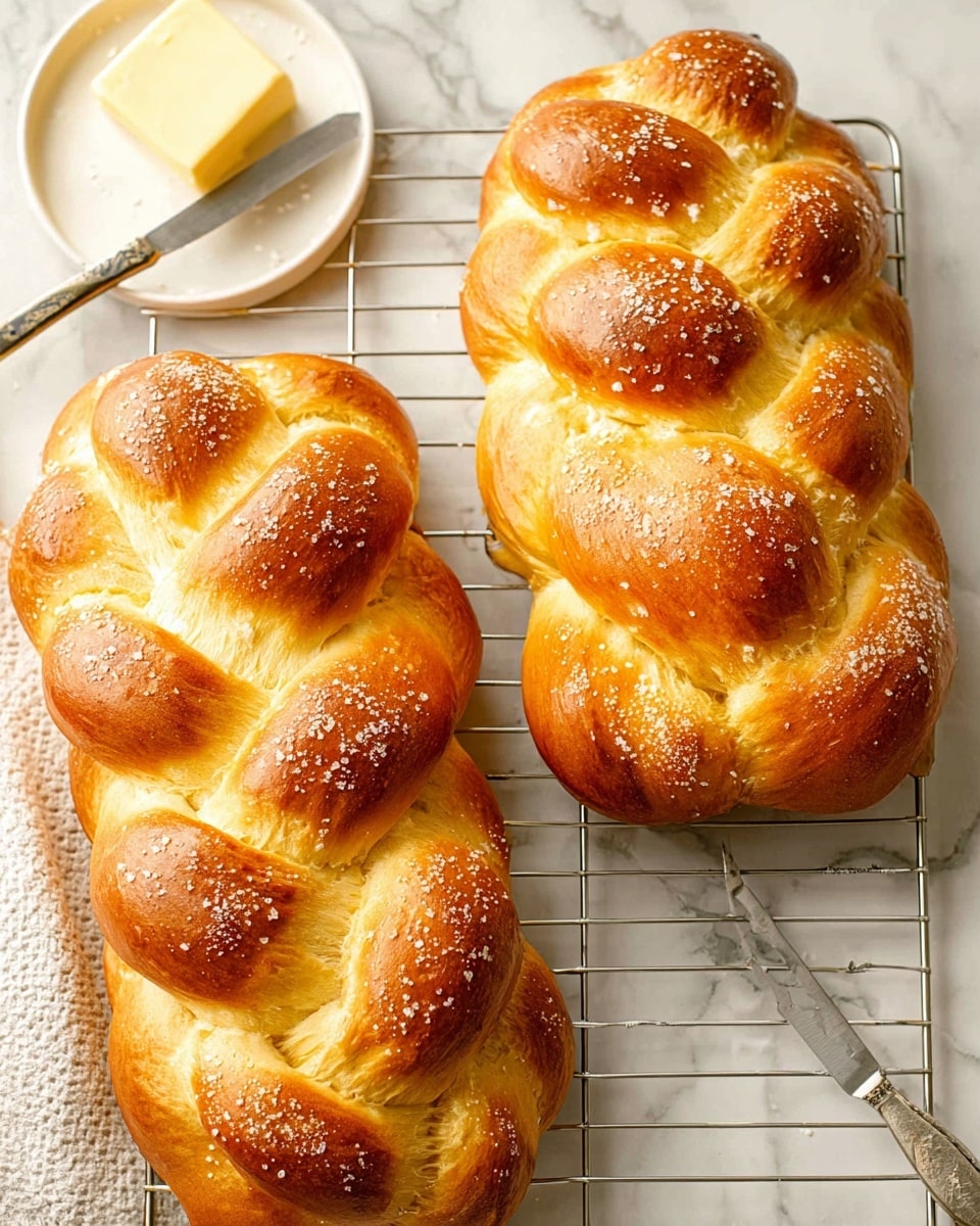 Two golden brown braided loaves of bread rest side by side on a wire cooling rack placed on a white marbled surface. Each loaf shows three thick, glossy strands interwoven, with a smooth and slightly shiny top crust showing uneven specks of coarse salt that add texture. The braided strands reveal a soft, pale yellow interior against the rich, deeper golden outer crust. In the top left corner, a small white plate holding a square slab of butter is partially visible, along with a butter knife nearby. photo taken with an iphone --ar 4:5 --v 7
