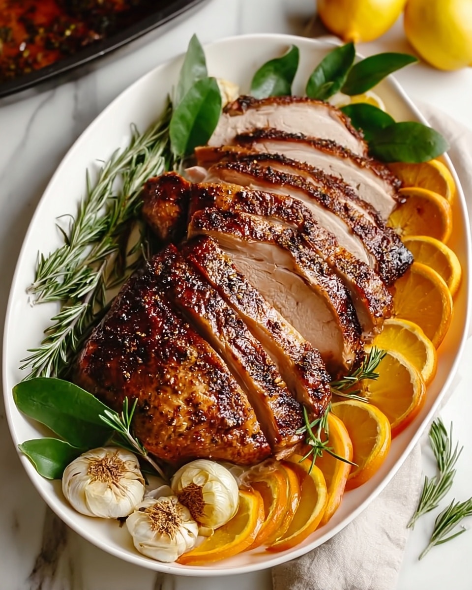A white plate holds a beautifully roasted turkey with rich dark brown, crispy skin, sliced into thick layers moving from left to right. On the left side of the turkey, there are fresh, dark green rosemary sprigs, and on the right, a single whole turkey leg with the same crisped skin is placed. Orange slices with caramelized brown edges are arranged around the turkey, with some overlapping near the bottom and top, adding bright orange color and glossy texture. Small roasted garlic bulbs with golden toasted tops and green leaves are placed near the orange slices on the right side, completing the presentation. The plate sits on a white marbled textured surface. Photo taken with an iphone --ar 4:5 --v 7