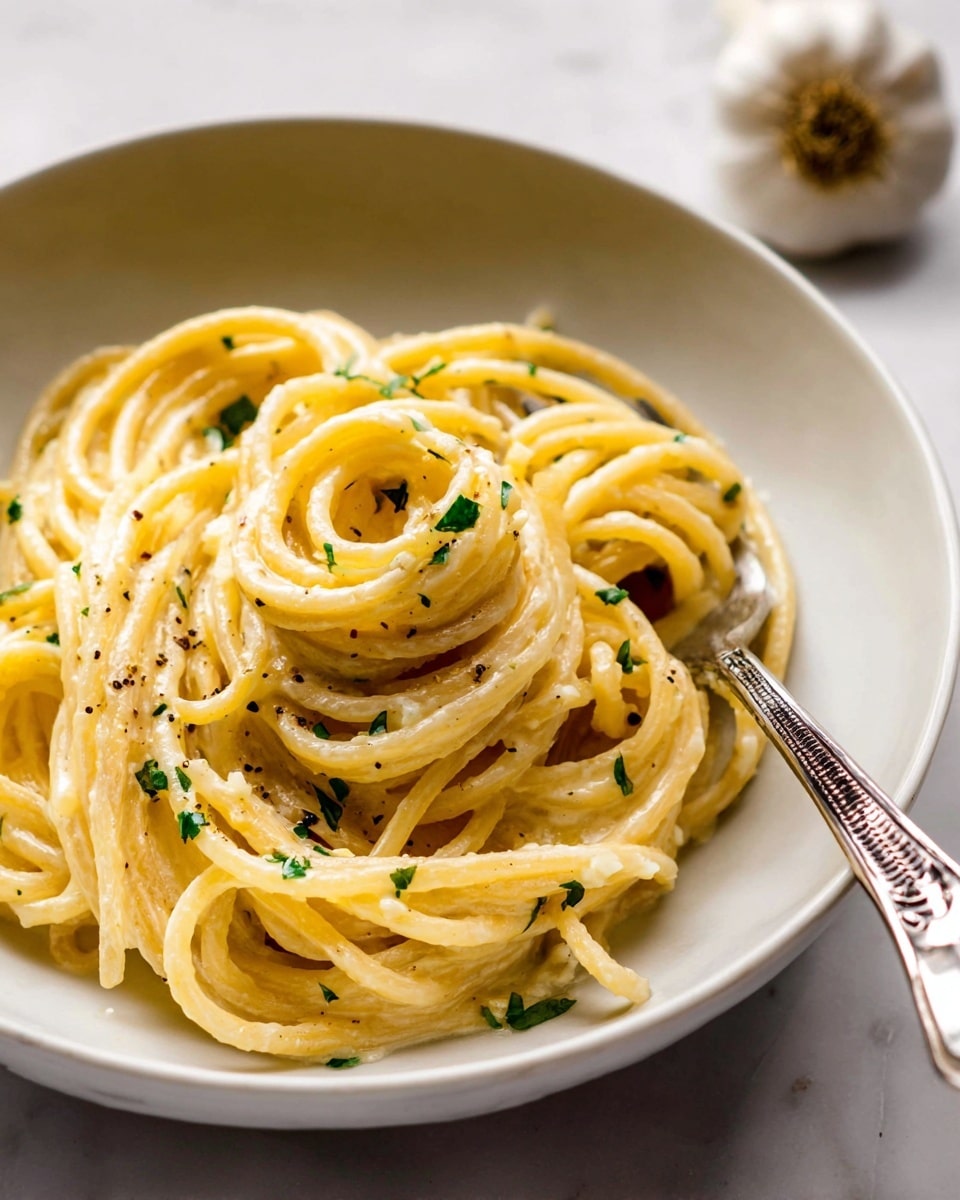 A close-up of a white bowl filled with creamy pasta made of thick spaghetti noodles twisted into three neat swirls, coated in a smooth, light yellow sauce with small specks of black pepper and green parsley sprinkled on top. A shiny fork with a decorative handle rests inside the bowl, partly under the noodles. In the background, there is a garlic bulb on a white marbled surface. photo taken with an iphone --ar 4:5 --v 7