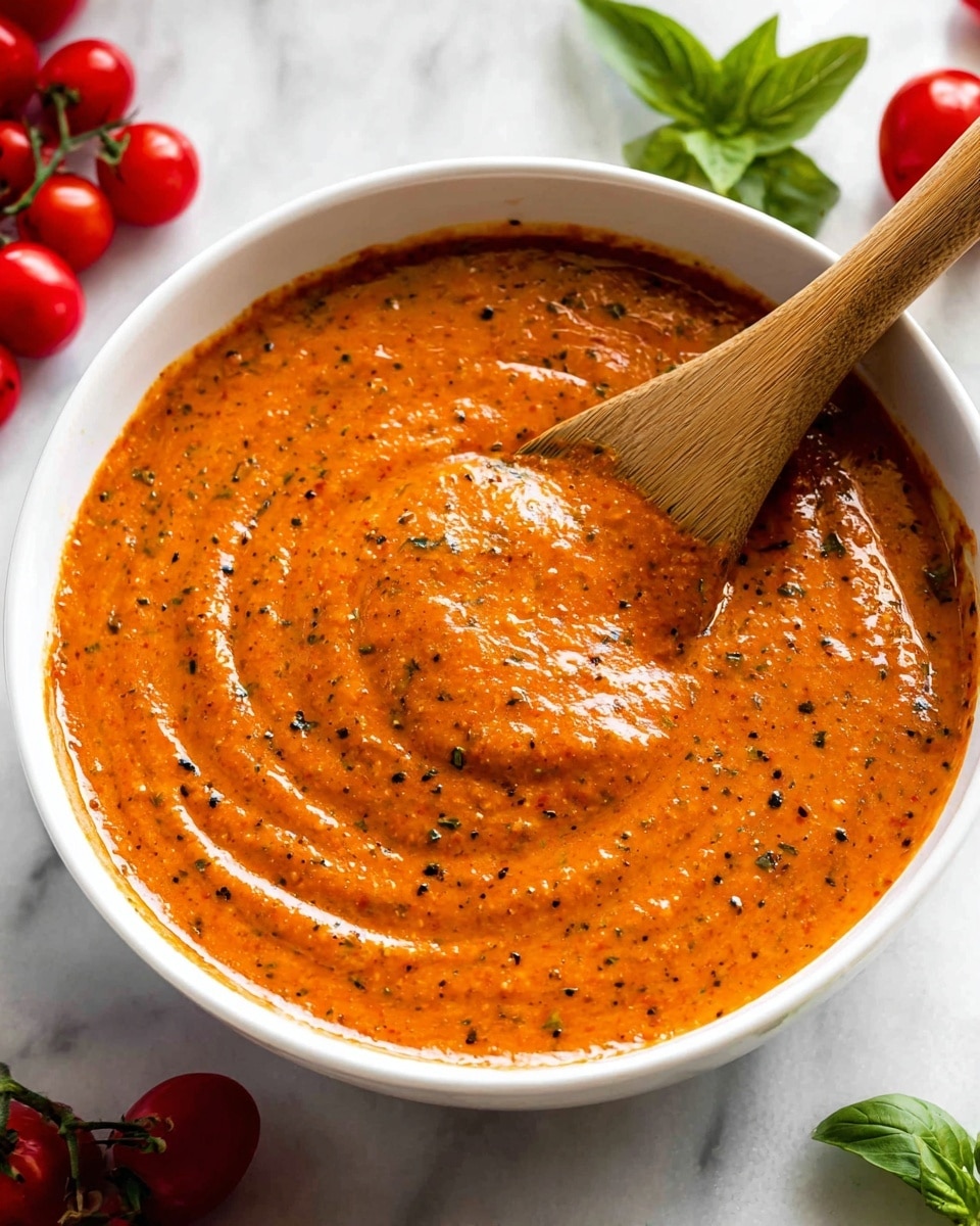 A thick, blended sauce with a rich orange-red color and small dark green and black herb specks fills a white bowl, with a wooden spoon stirring through the sauce creating a glossy swirl pattern on the surface. The bowl is set on a white marbled surface, surrounded by fresh red cherry tomatoes and a few green basil leaves scattered around, adding fresh color to the scene. photo taken with an iphone --ar 4:5 --v 7