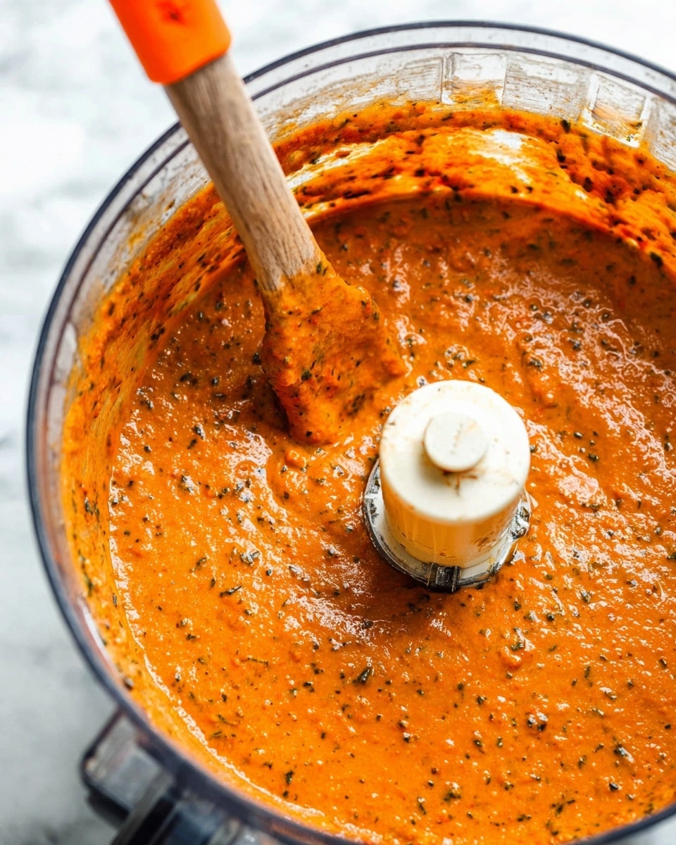 A close-up view inside a clear food processor bowl filled with thick, smooth orange sauce speckled with small black and green herbs and spices. The sauce covers the base evenly and has a moist, slightly textured surface. A wooden-handled spatula with a bright orange silicone head rests inside the bowl, partially covered in sauce. The background shows a white marbled texture surface. photo taken with an iphone --ar 4:5 --v 7