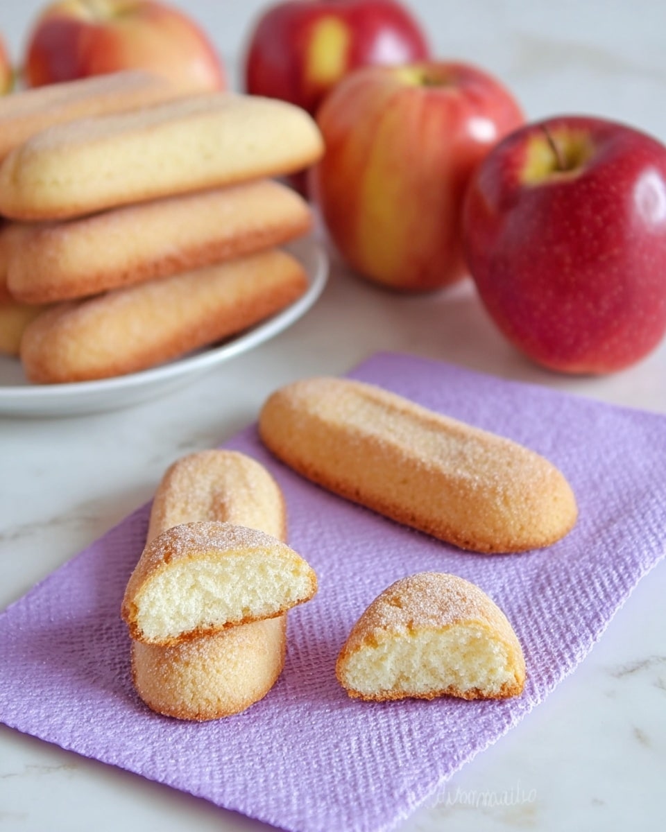 The image shows four light golden brown ladyfinger biscuits with a fine sugar coating resting on a lavender paper towel. Two of the ladyfingers are whole, laying flat, and two are broken in half, showing a soft, airy pale yellow inside. In the background, there is a white plate stacked with more ladyfingers lined with a lavender napkin. Nearby, several red apples with light yellow patches are visible, and one large red apple is positioned close to the ladyfingers on the paper towel. The scene is set on a white marbled texture surface. photo taken with an iphone --ar 4:5 --v 7