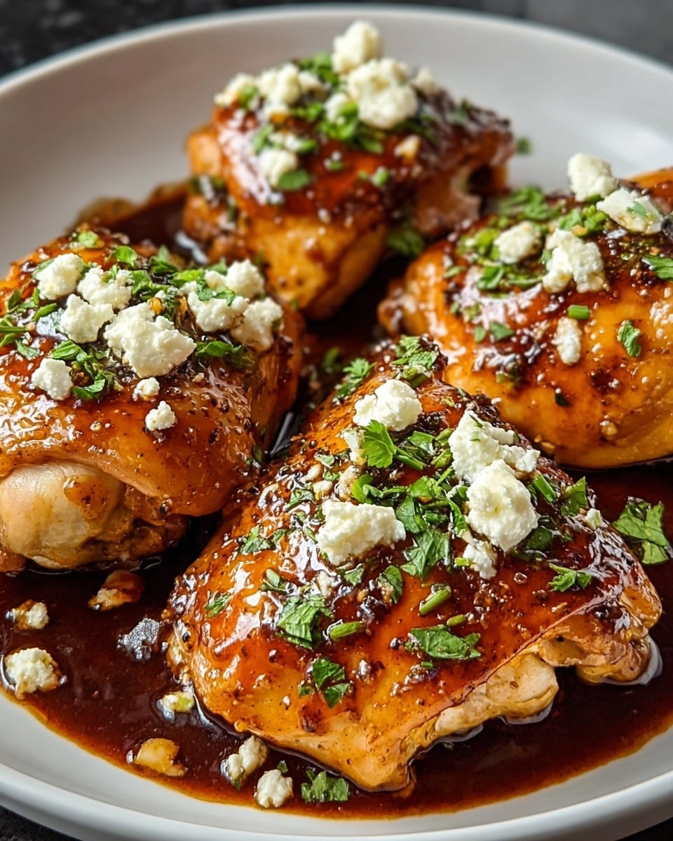 The image shows four pieces of golden-brown cooked chicken thighs placed on a white plate. Each chicken piece is glossy with a rich, dark brown sauce pooling beneath them. On top of each piece, there are small white crumbles of cheese and bright green chopped herbs sprinkled evenly, giving a fresh contrast to the warm colors of the chicken and sauce. The chicken pieces are arranged close to each other, filling the plate, with bits of herbs and sauce scattered around. The background is a white marbled texture. photo taken with an iphone --ar 4:5 --v 7