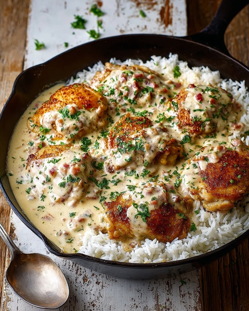 The image shows a black cast iron pan filled with a bed of white, fluffy rice as the bottom layer. On top of the rice, there are five pieces of golden-brown, crispy chicken thighs, each coated in a creamy off-white sauce with small bits of herbs and bacon. The sauce has a slightly thick texture and spreads over the chicken and rice, garnished with finely chopped green parsley sprinkled all over. The pan sits on a rustic wooden surface with a white marbled texture in the background, and there is a silver spoon placed beside the pan. photo taken with an iphone --ar 4:5 --v 7
